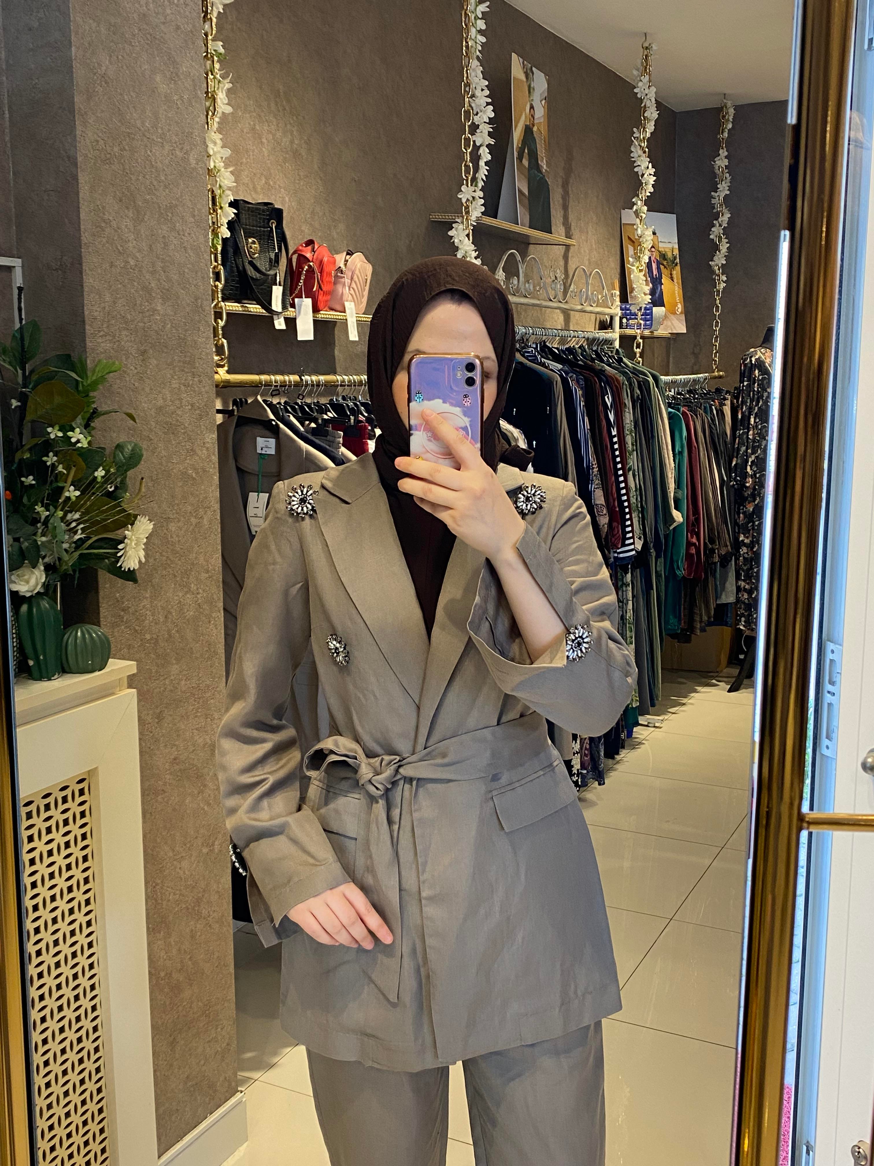 Missemramis linen keten ceketli takım vizon