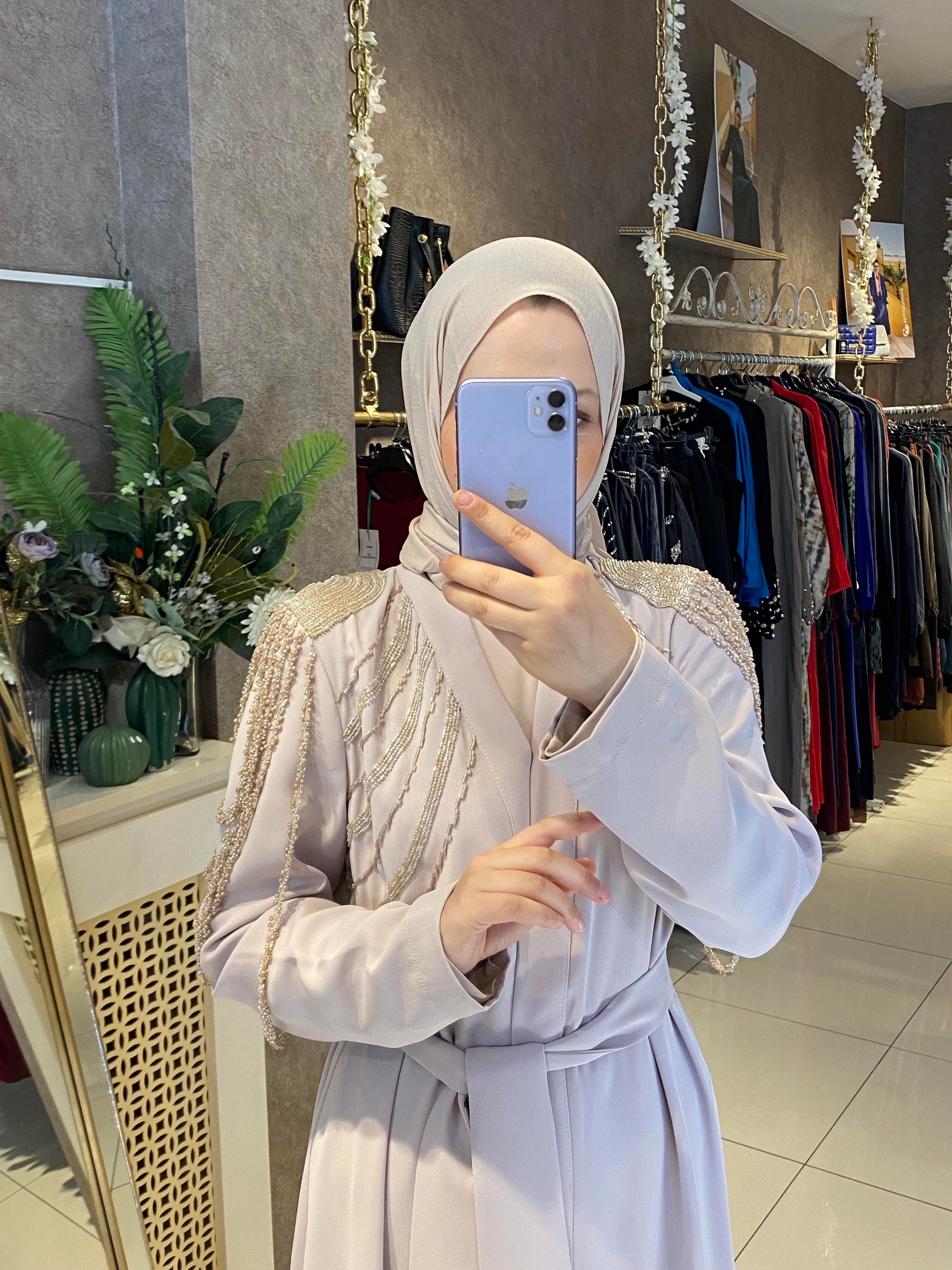 Taşlı abaya ikili takım bej