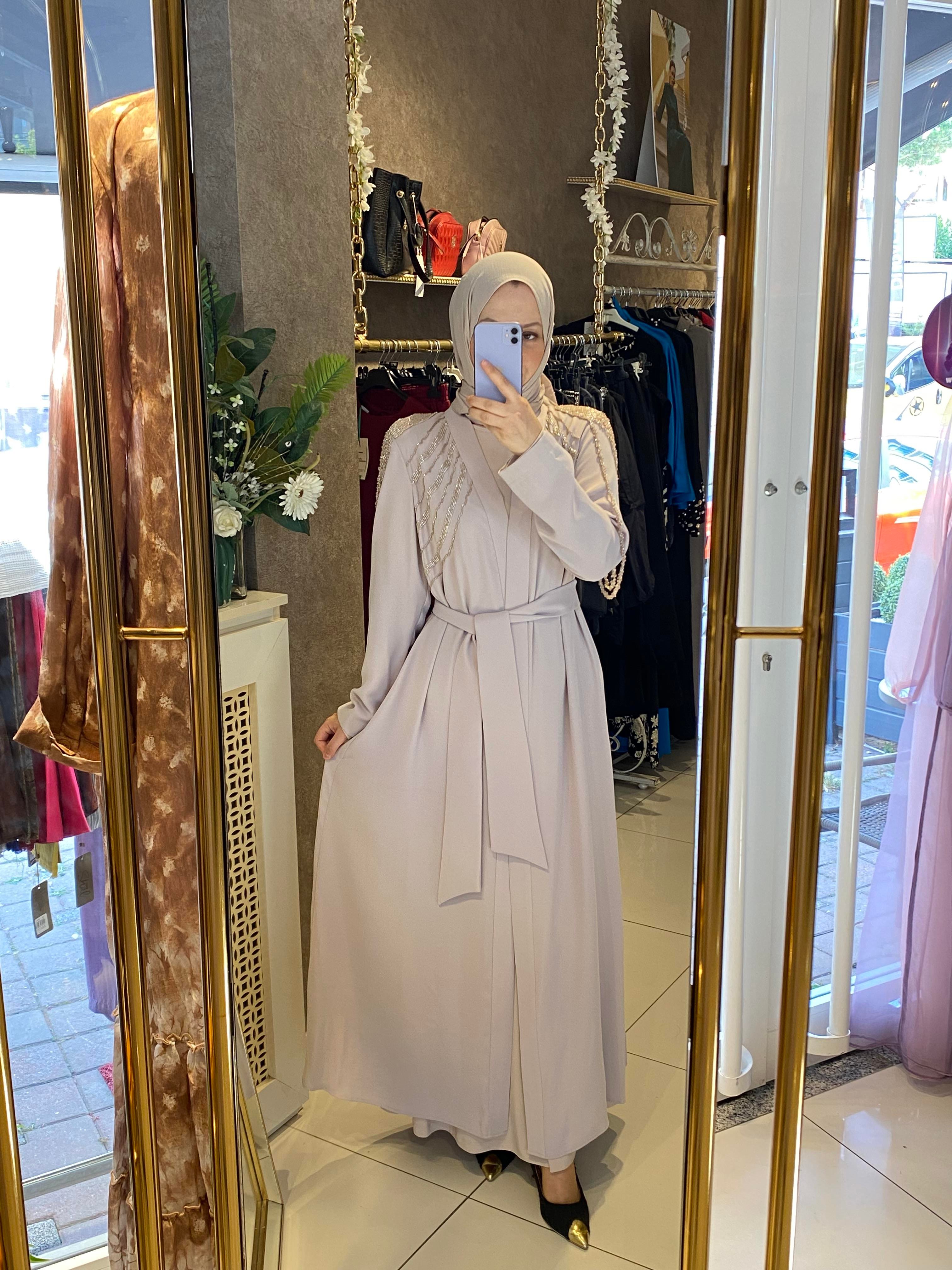 Taşlı abaya ikili takım bej