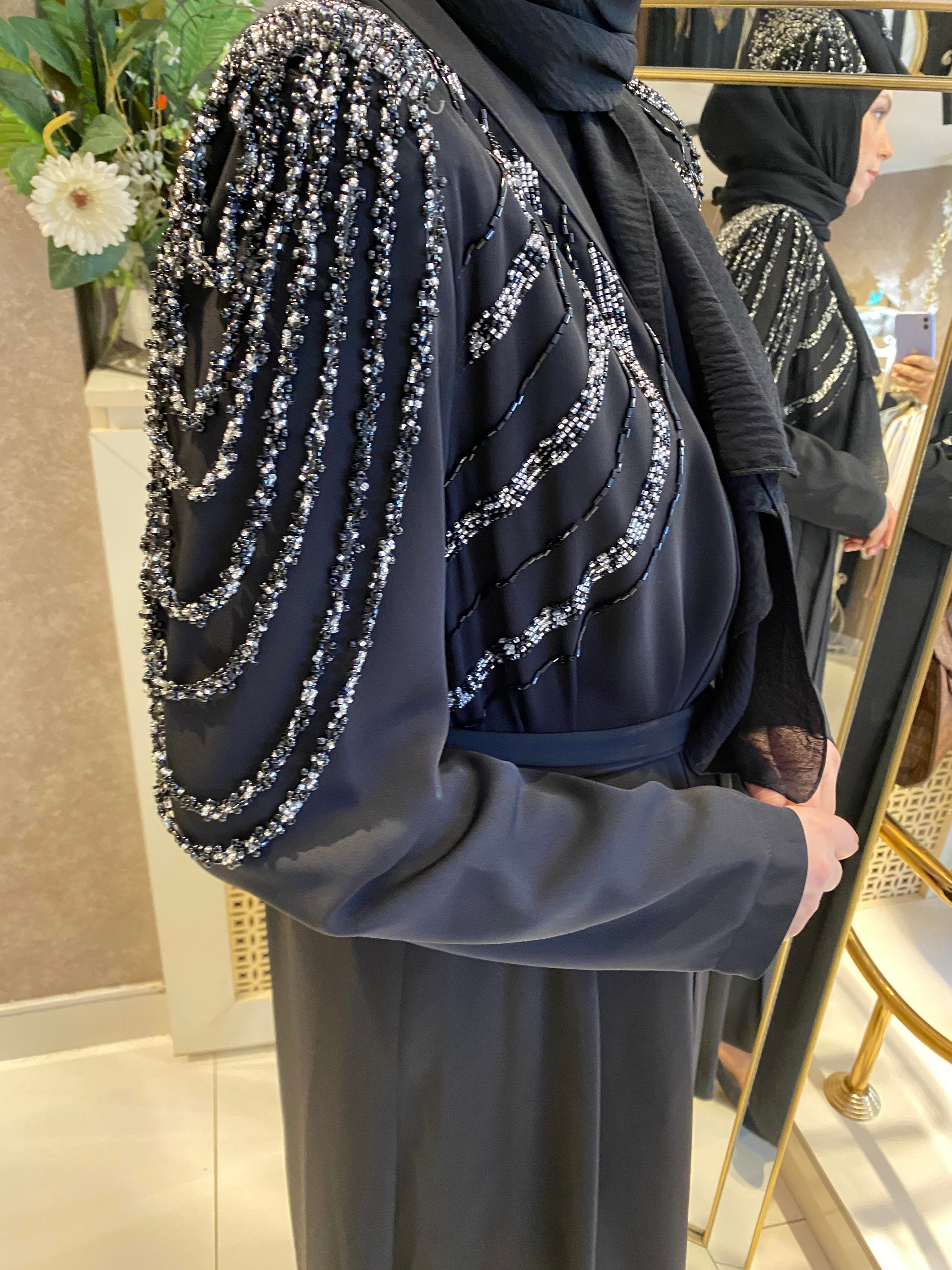 Taşlı abaya ikili takım siyah 