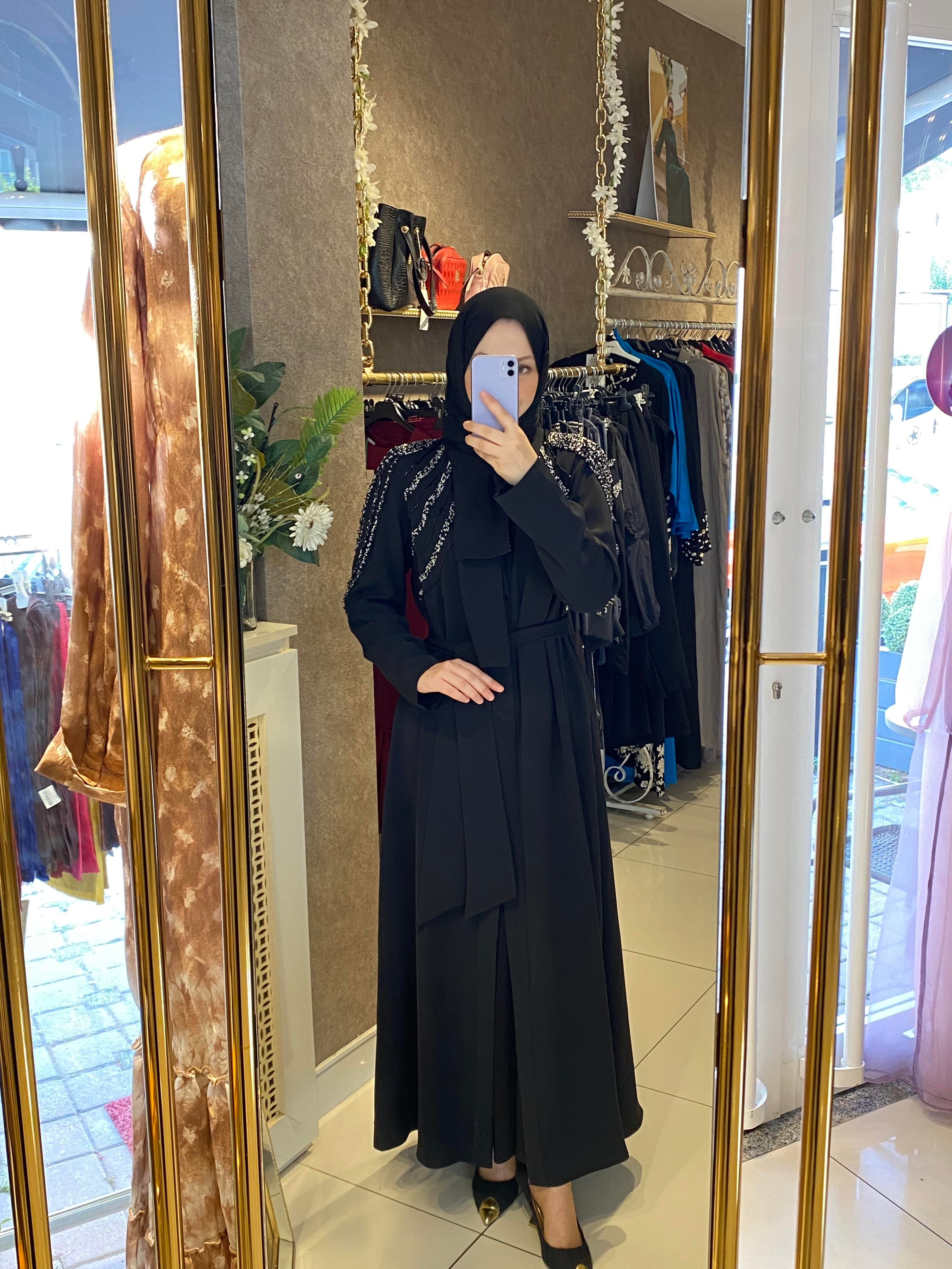 Taşlı abaya ikili takım siyah 