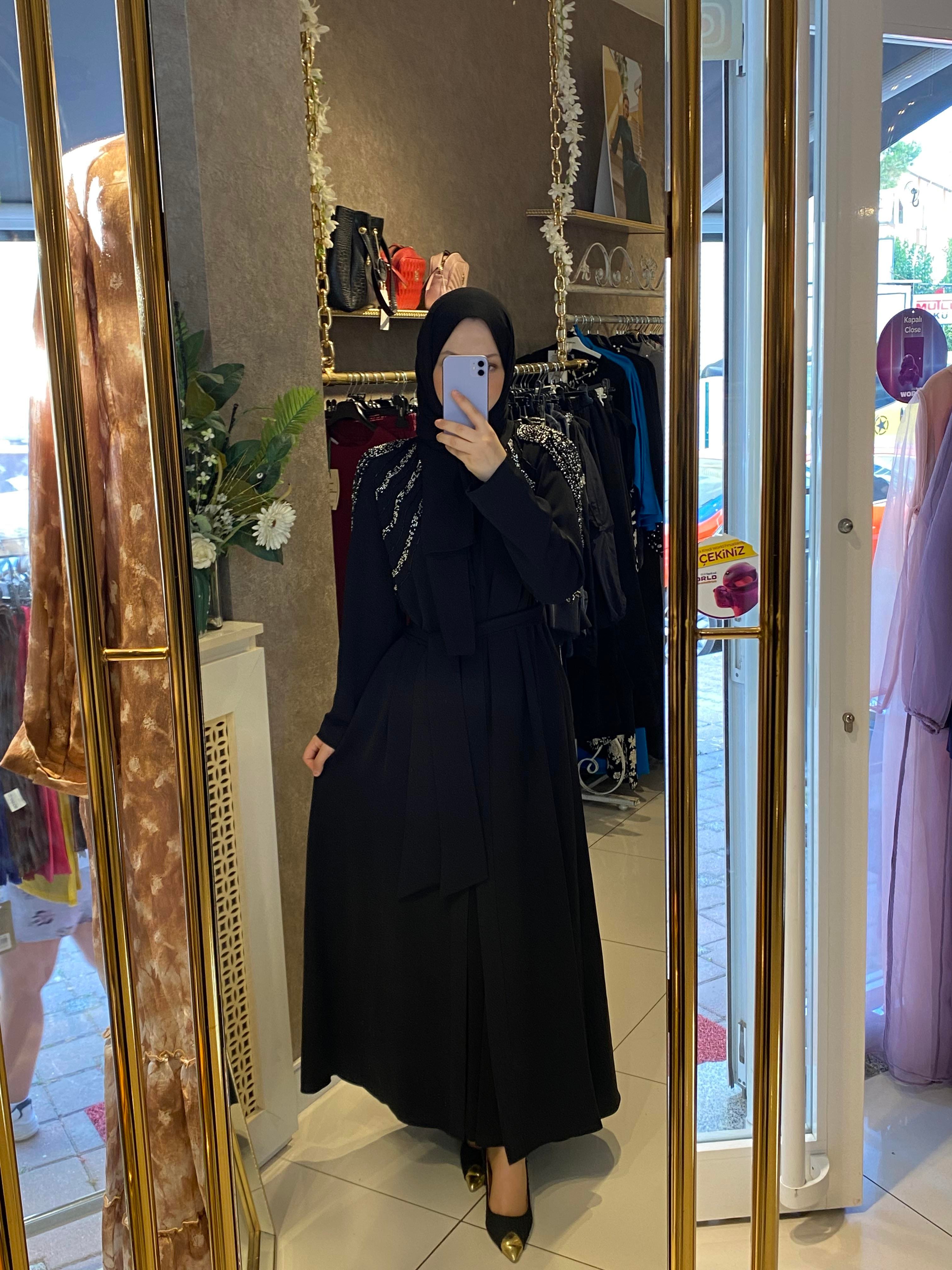 Taşlı abaya ikili takım siyah 