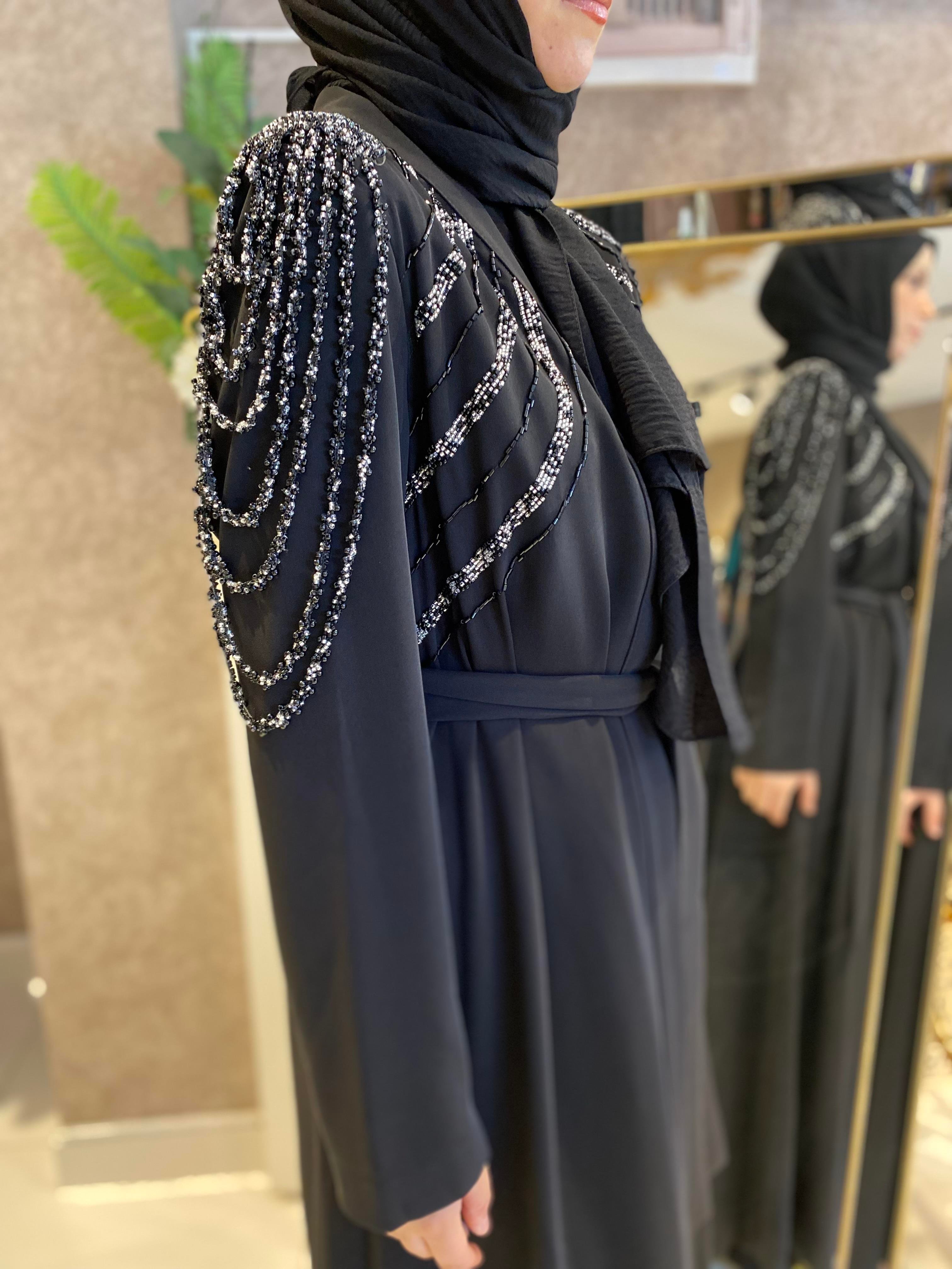 Taşlı abaya ikili takım siyah 