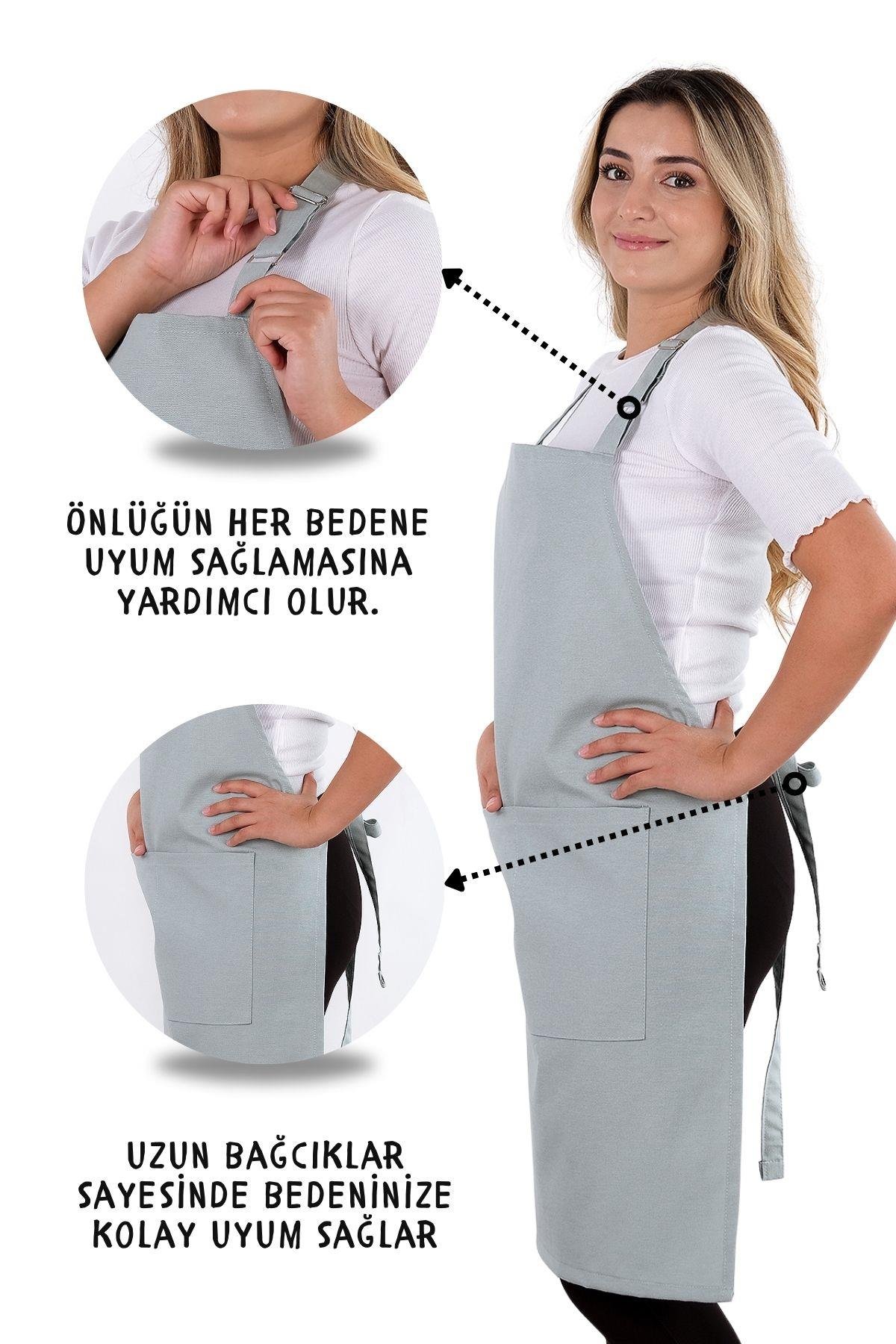 Simple 3lü Set Ayar Askılı Cepli Mutfak Önlüğü Seti (2 ELDİVEN) Şef Garson Kafe Aşçı Barista