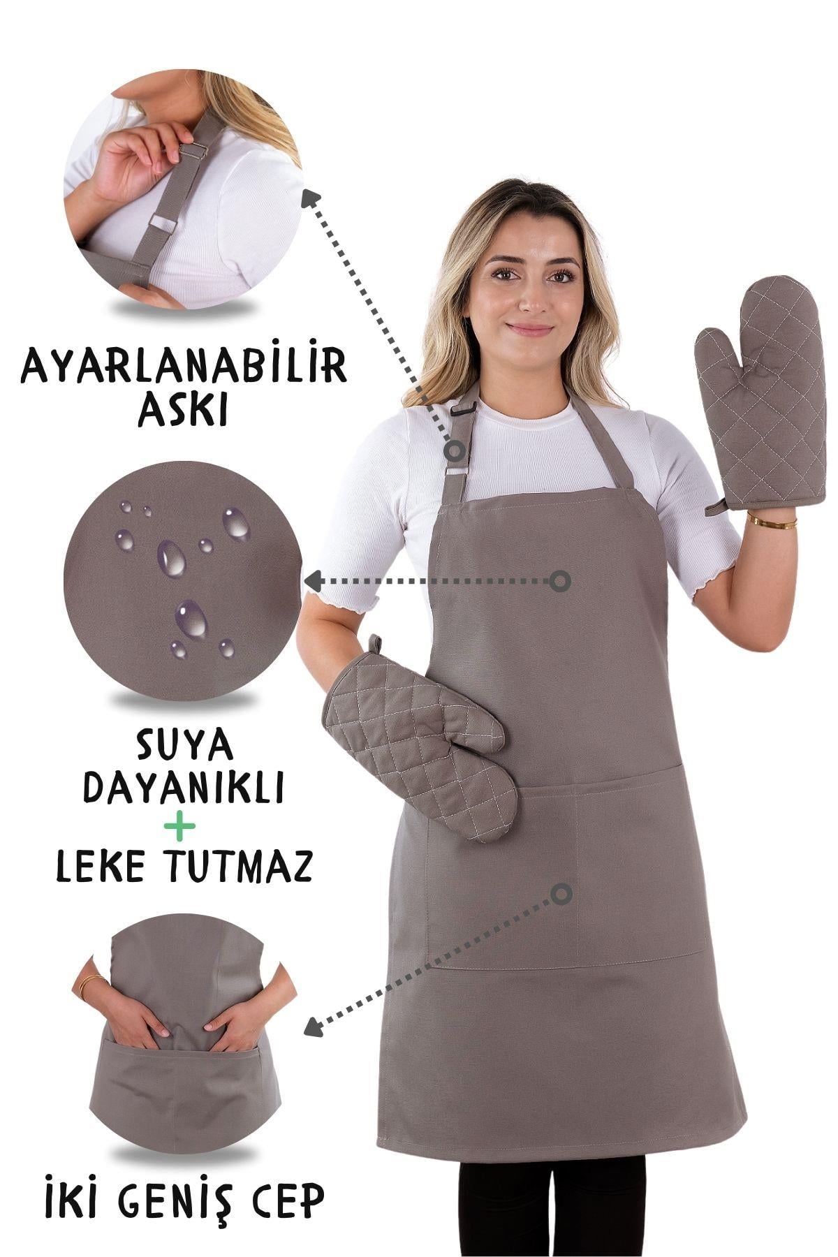 Simple 3lü Set Ayar Askılı Cepli Mutfak Önlüğü Seti (2 ELDİVEN) Şef Garson Kafe Aşçı Barista