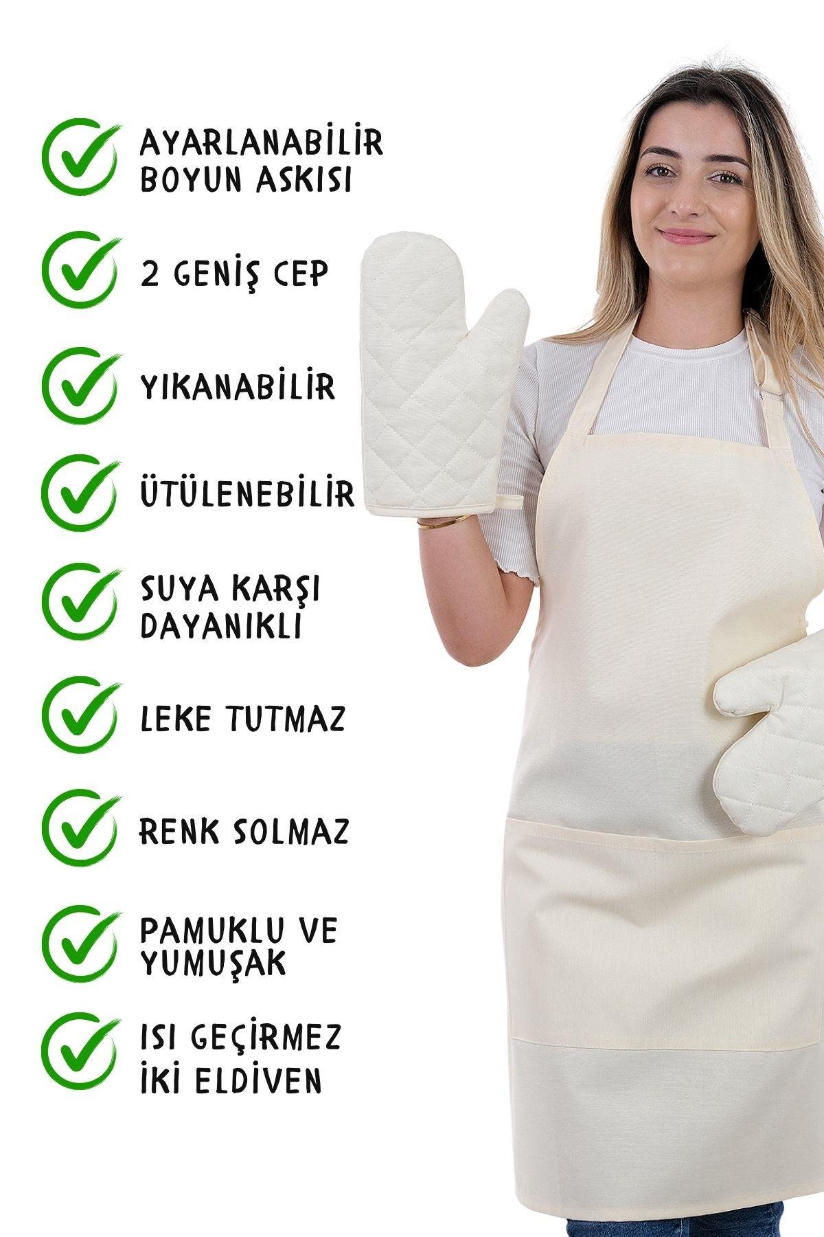 Simple 3lü Set Ayar Askılı Cepli Mutfak Önlüğü Seti (2 ELDİVEN) Şef Garson Kafe Aşçı Barista