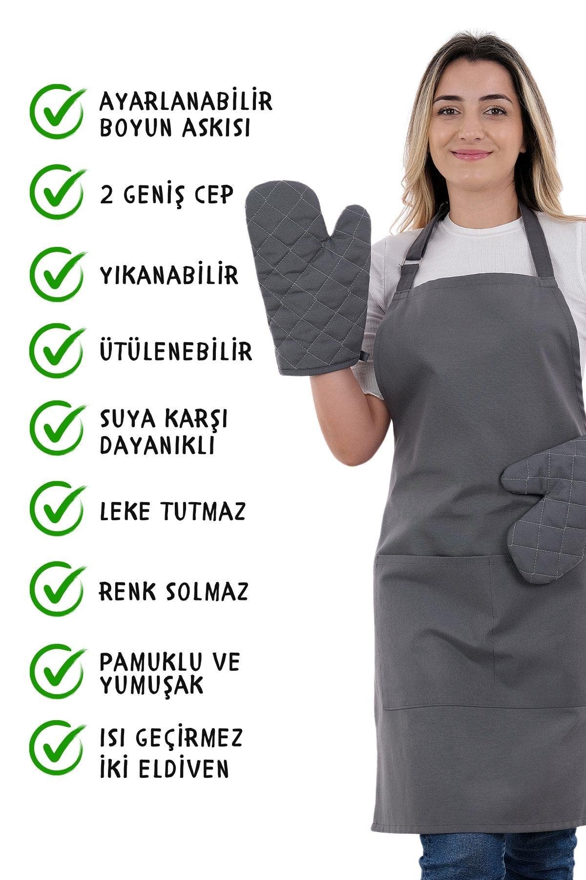 Simple 3lü Set Ayar Askılı Cepli Mutfak Önlüğü Seti (2 ELDİVEN) Şef Garson Kafe Aşçı Barista
