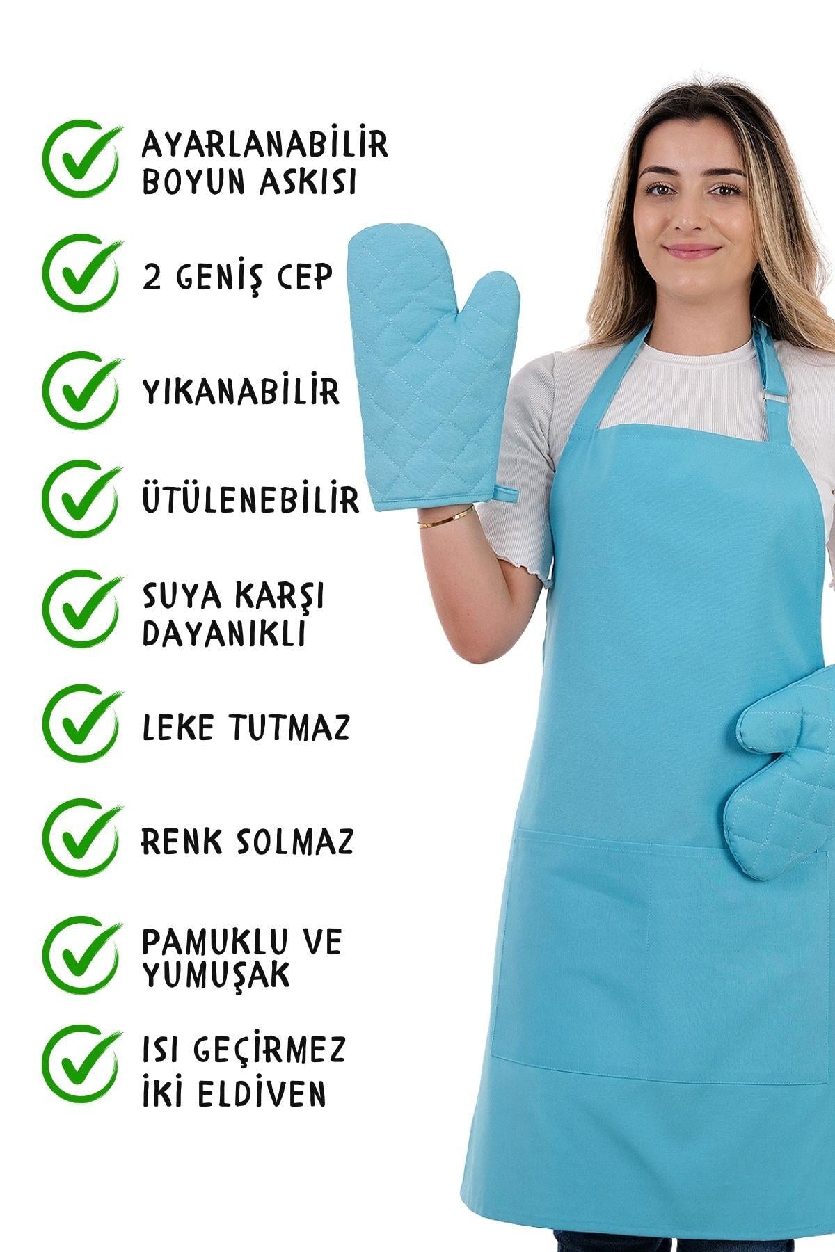 Simple 3lü Set Ayar Askılı Cepli Mutfak Önlüğü Seti (2 ELDİVEN) Şef Garson Kafe Aşçı Barista