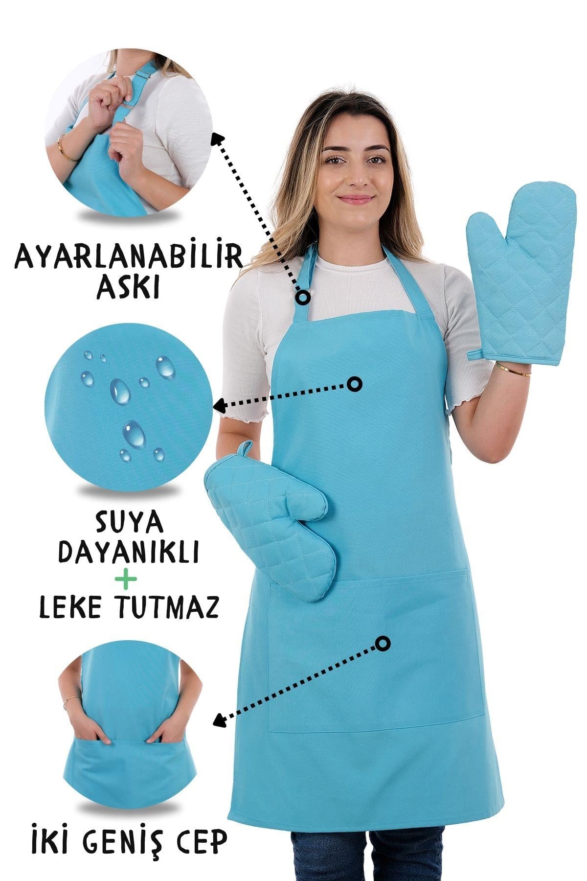 Simple 3lü Set Ayar Askılı Cepli Mutfak Önlüğü Seti (2 ELDİVEN) Şef Garson Kafe Aşçı Barista