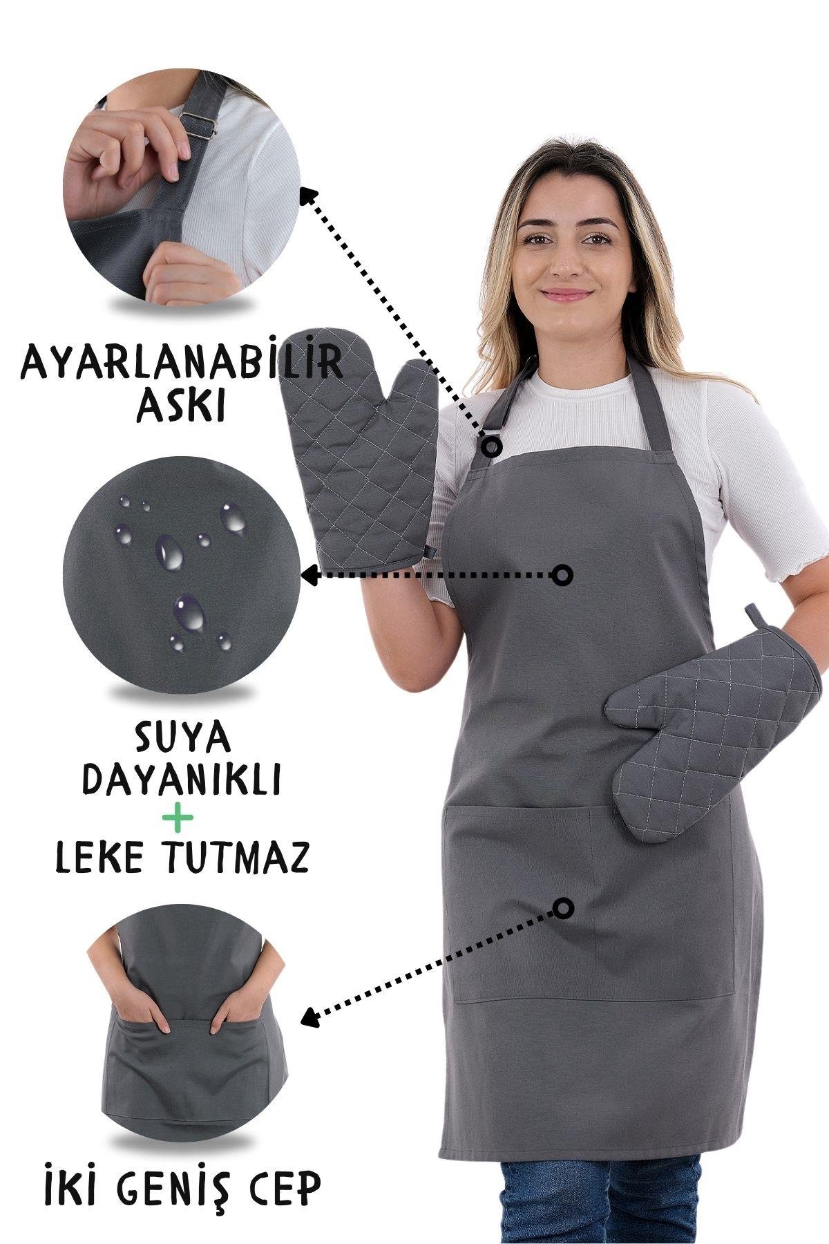 Simple 3lü Set Ayar Askılı Cepli Mutfak Önlüğü Seti (2 ELDİVEN) Şef Garson Kafe Aşçı Barista