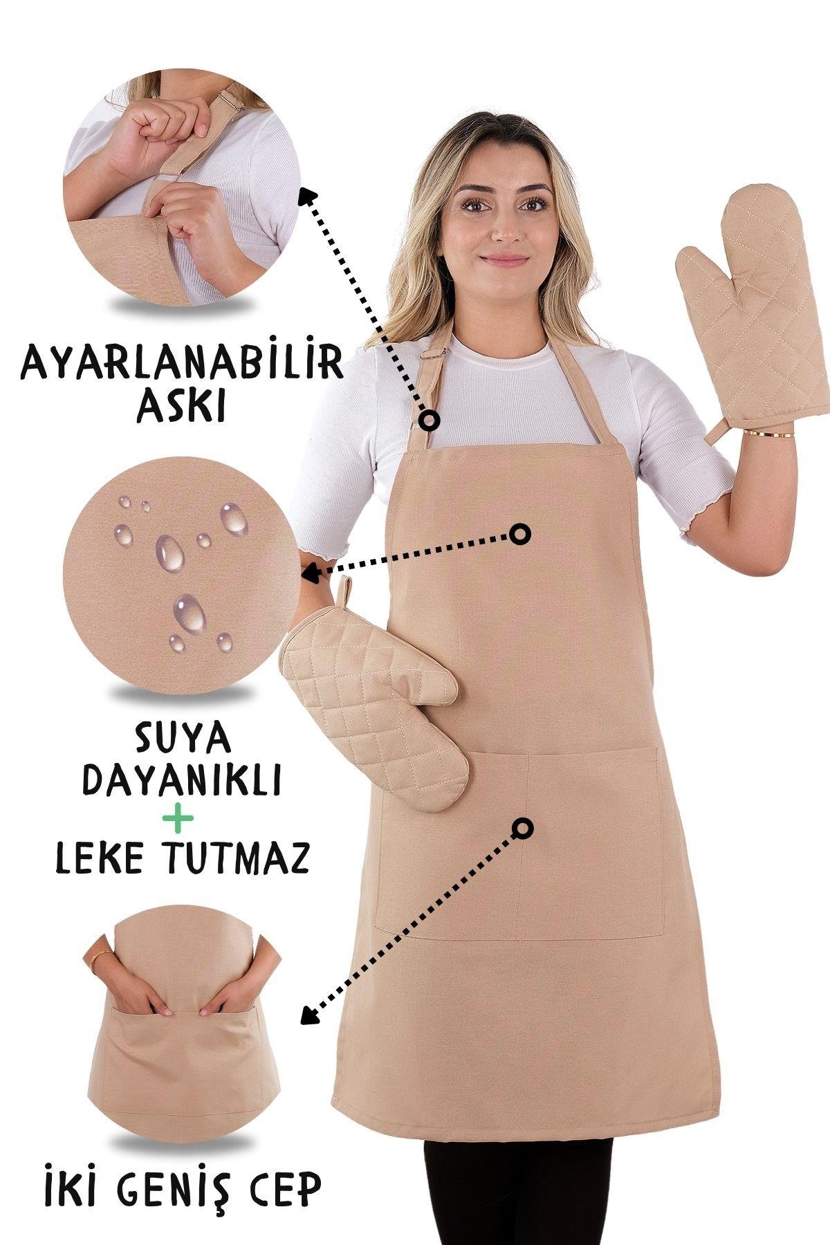 Simple 3lü Set Ayar Askılı Cepli Mutfak Önlüğü Seti (2 ELDİVEN) Şef Garson Kafe Aşçı Barista