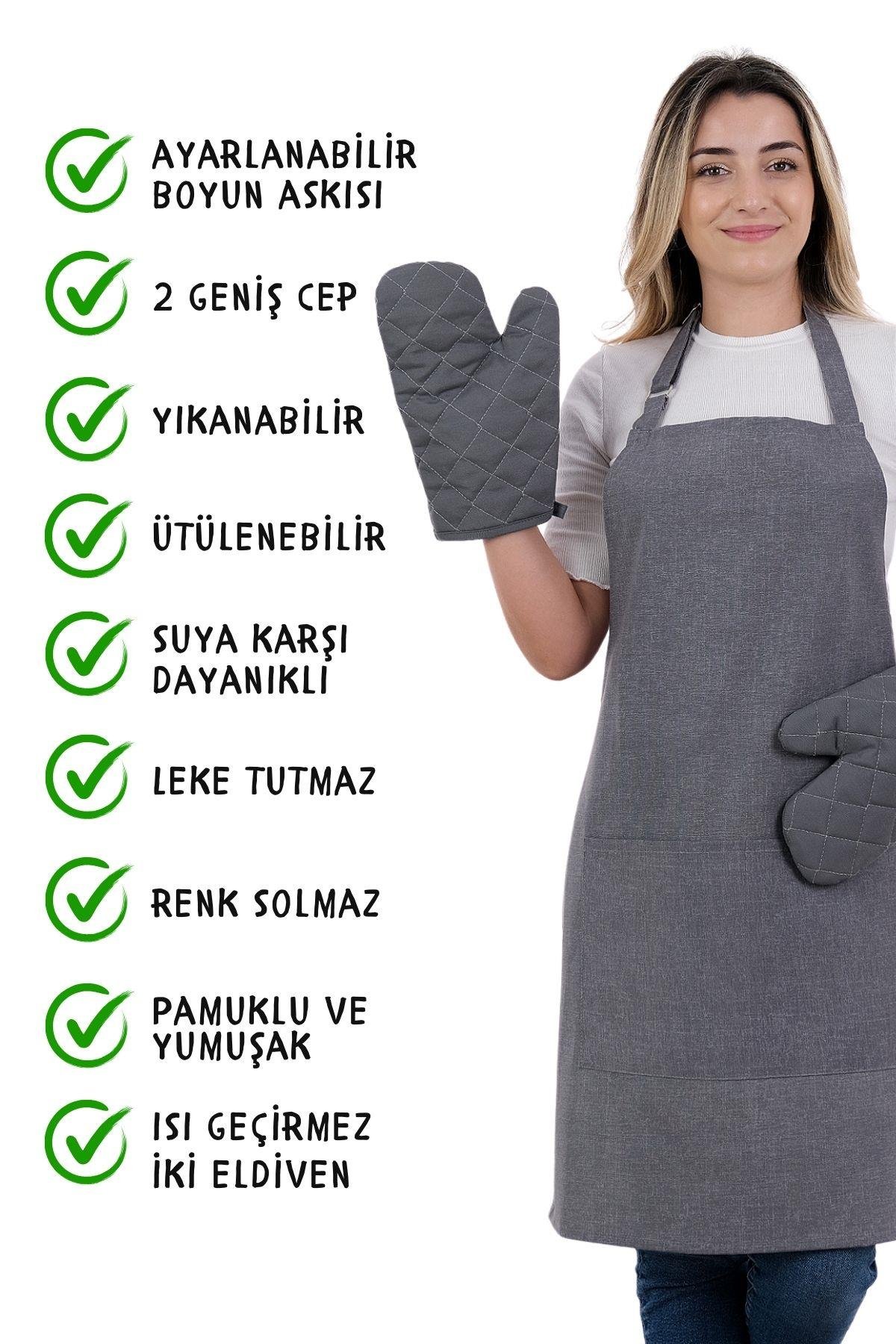 Simple 3lü Set Ayar Askılı Cepli Mutfak Önlüğü Seti (2 ELDİVEN) Şef Garson Kafe Aşçı Barista
