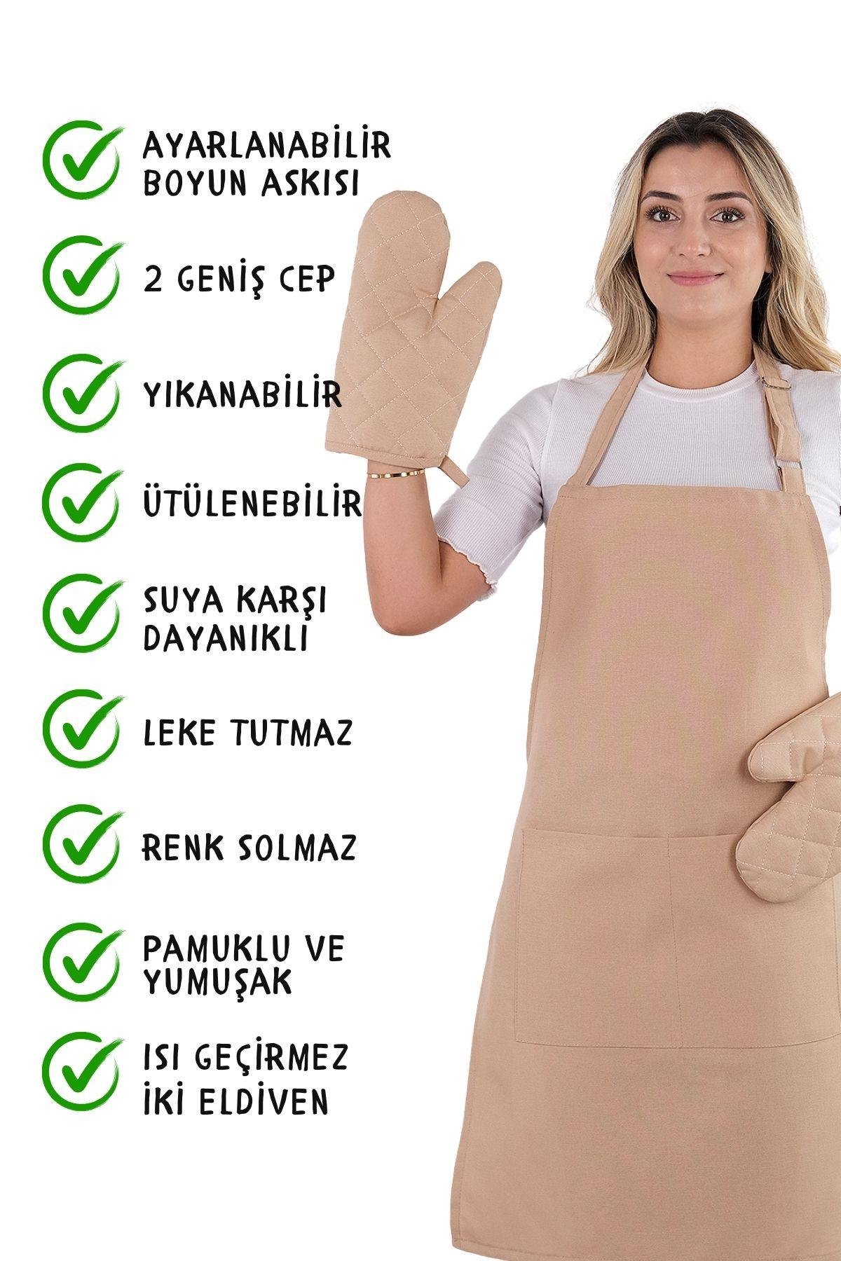 Simple 3lü Set Ayar Askılı Cepli Mutfak Önlüğü Seti (2 ELDİVEN) Şef Garson Kafe Aşçı Barista
