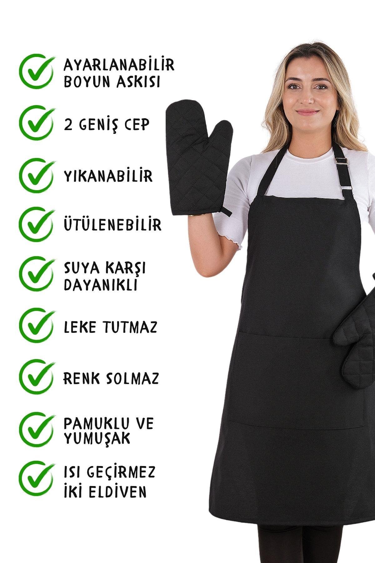Simple 3lü Set Ayar Askılı Cepli Mutfak Önlüğü Seti (2 ELDİVEN) Şef Garson Kafe Aşçı Barista