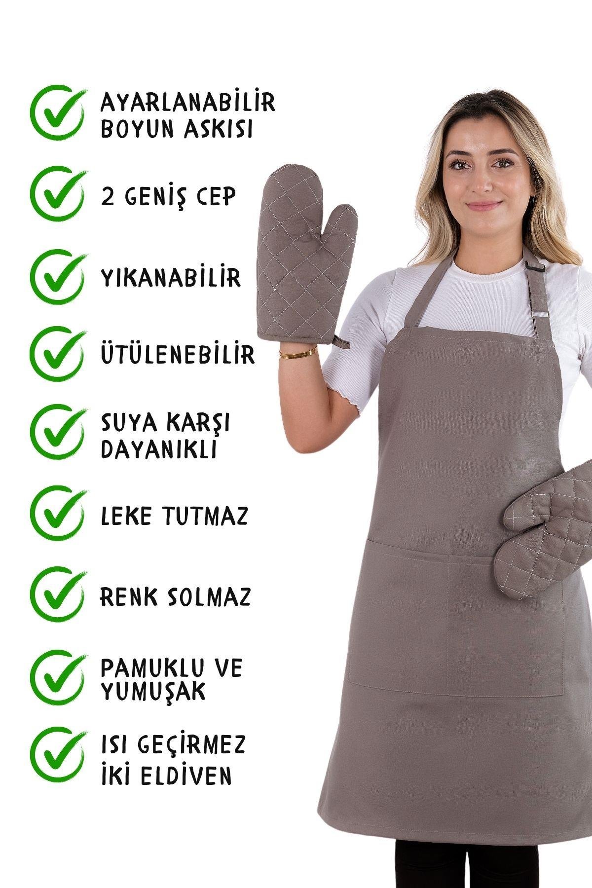 Simple 3lü Set Ayar Askılı Cepli Mutfak Önlüğü Seti (2 ELDİVEN) Şef Garson Kafe Aşçı Barista
