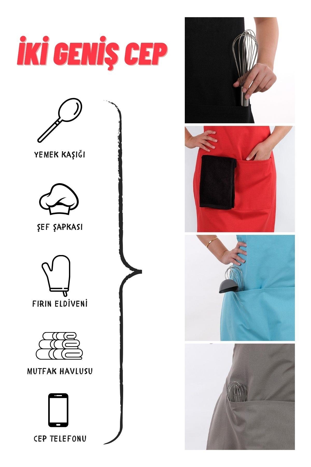 Simple 3lü Set Ayar Askılı Cepli Mutfak Önlüğü Seti (2 ELDİVEN) Şef Garson Kafe Aşçı Barista