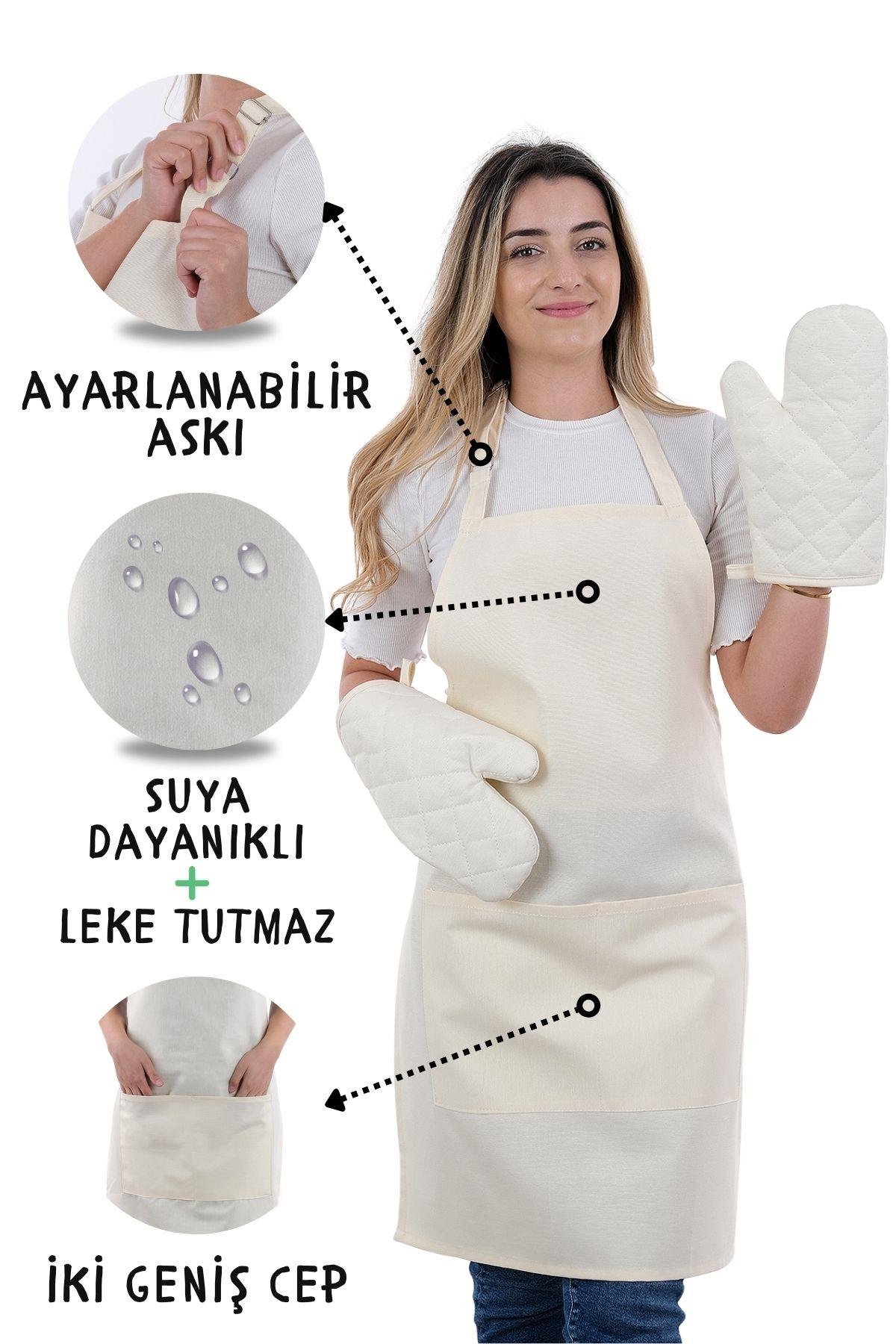 Simple 3lü Set Ayar Askılı Cepli Mutfak Önlüğü Seti (2 ELDİVEN) Şef Garson Kafe Aşçı Barista