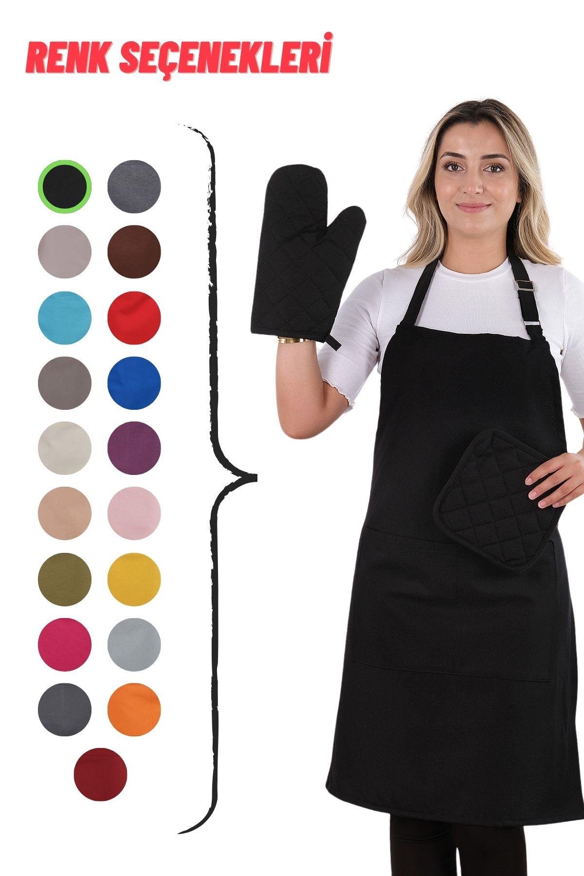 Simple 3lü Set Ayar Askılı Cepli Mutfak Önlüğü Seti (2 ELDİVEN) Şef Garson Kafe Aşçı Barista