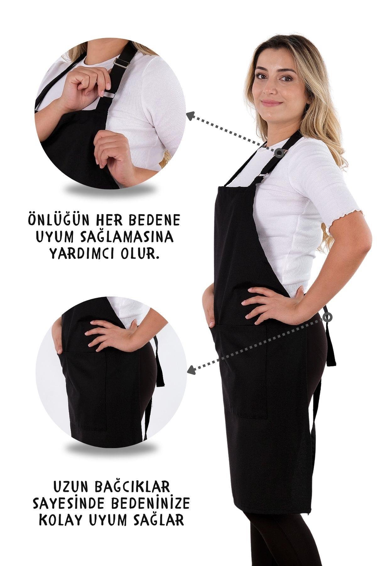 Simple 3lü Set Ayar Askılı Cepli Mutfak Önlüğü Seti (2 ELDİVEN) Şef Garson Kafe Aşçı Barista