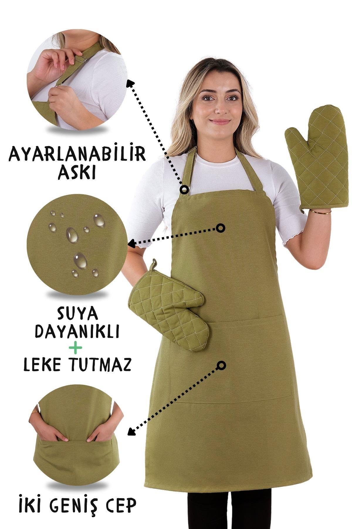 Simple 3lü Set Ayar Askılı Cepli Mutfak Önlüğü Seti (2 ELDİVEN) Şef Garson Kafe Aşçı Barista