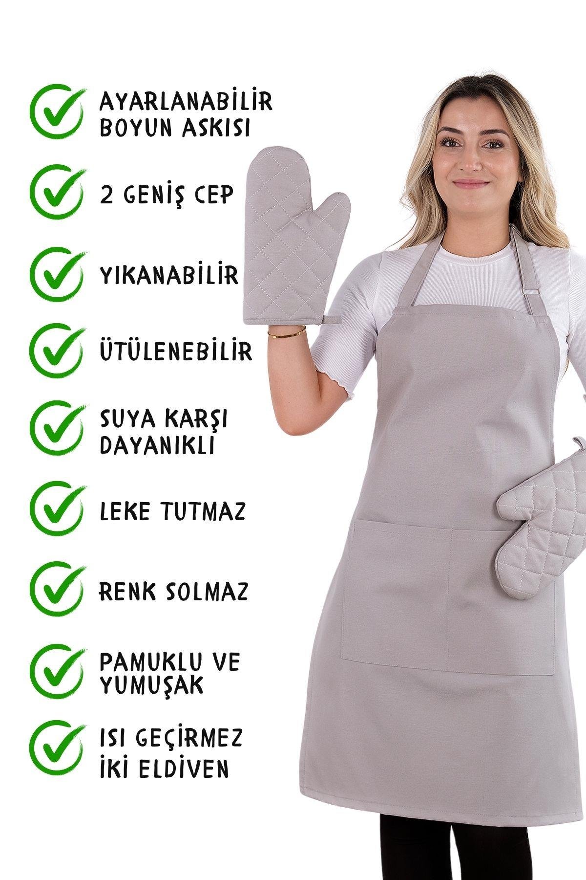 Simple 3lü Set Ayar Askılı Cepli Mutfak Önlüğü Seti (2 ELDİVEN) Şef Garson Kafe Aşçı Barista