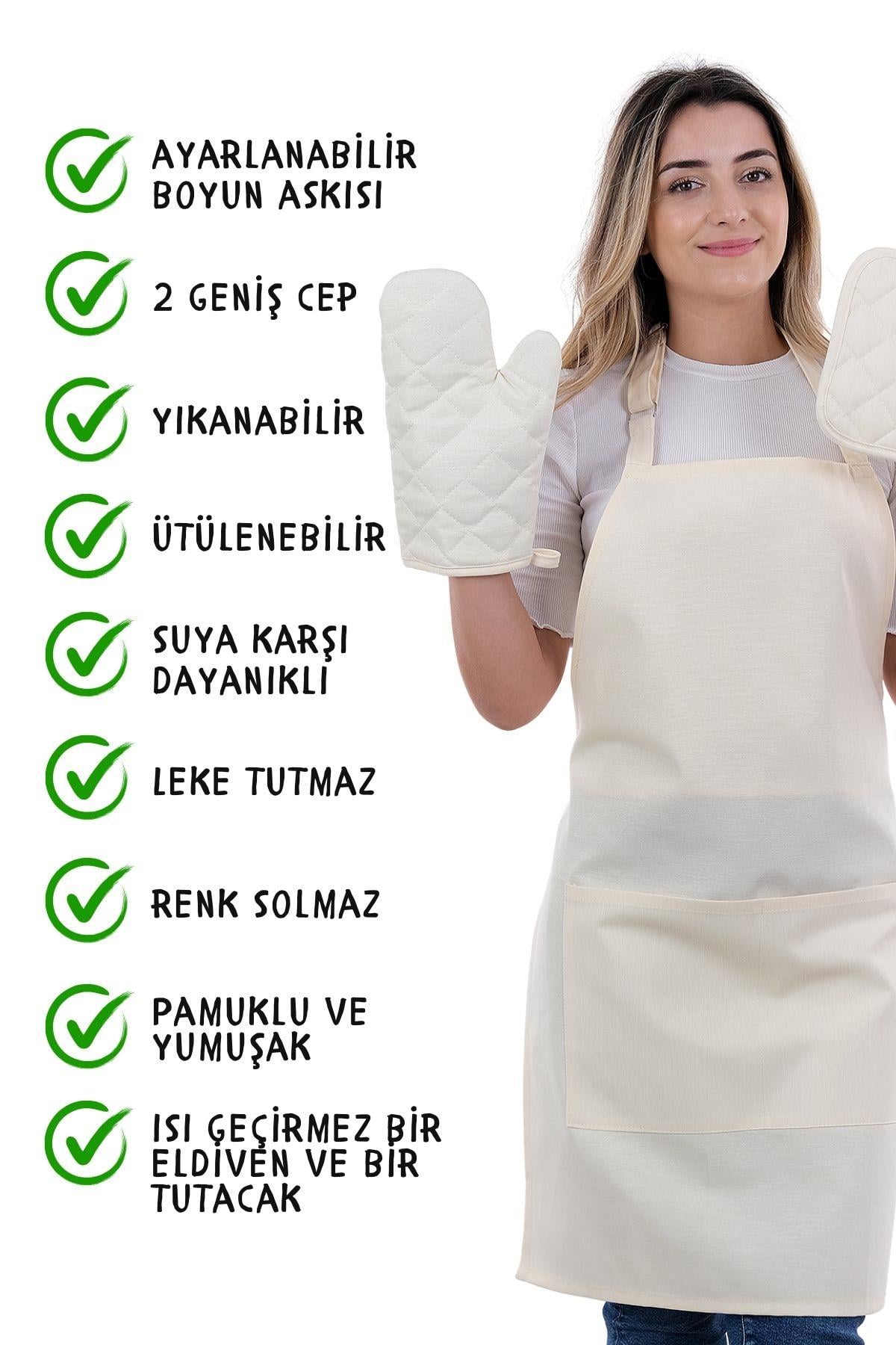 Simple 3lü Set Ayar Askılı Mutfak Önlüğü Seti (ELDİVEN, TUTACAK)