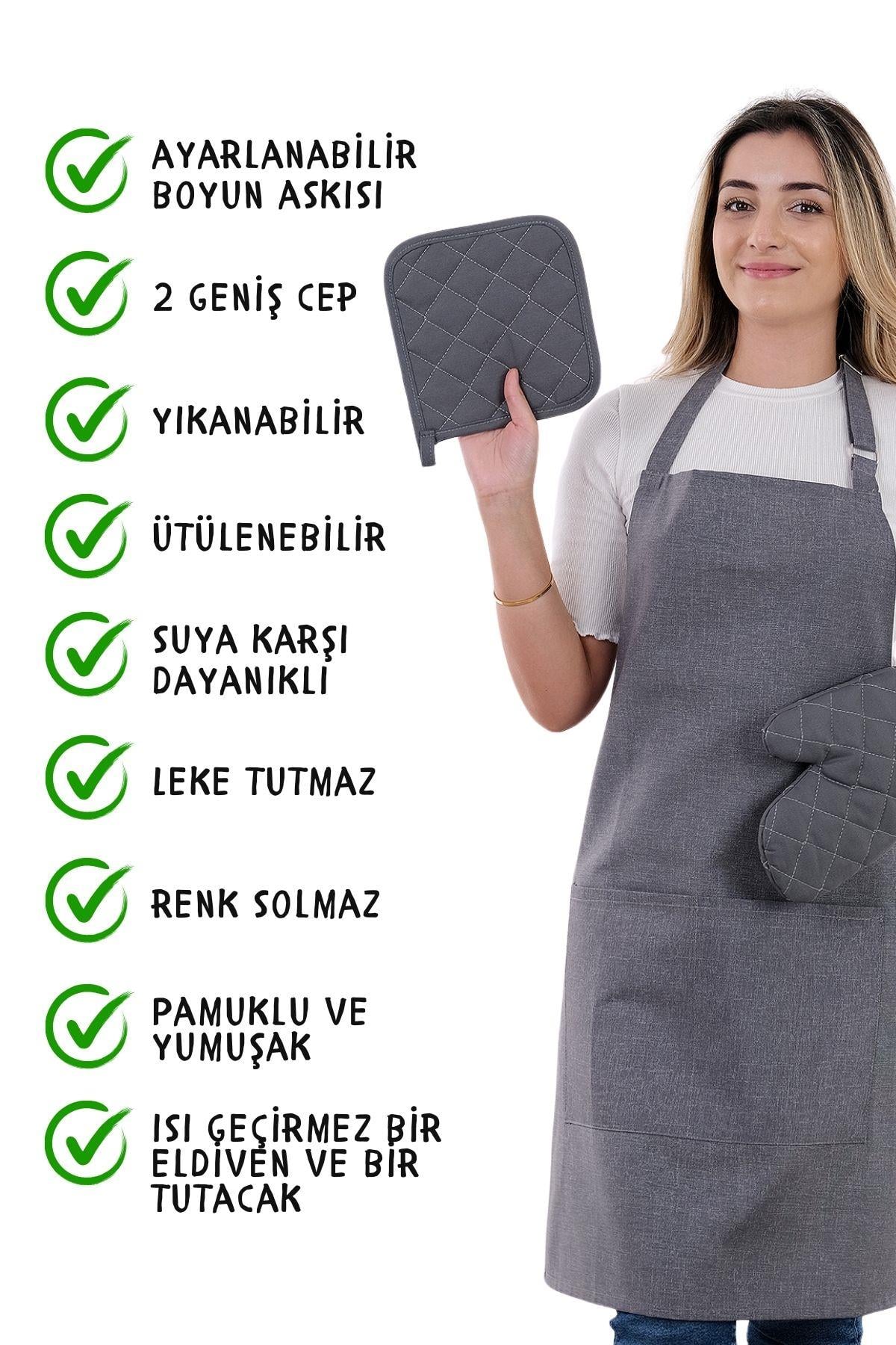 Simple 3lü Set Ayar Askılı Mutfak Önlüğü Seti (ELDİVEN, TUTACAK)