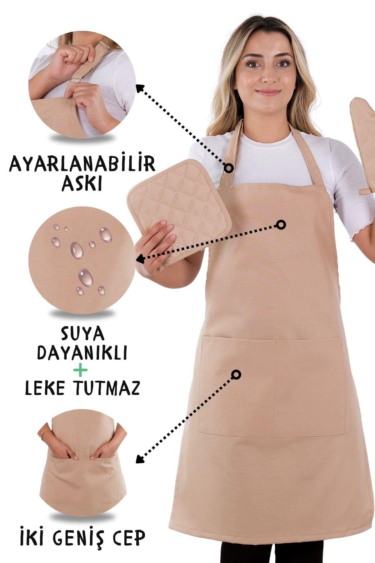 Simple 3lü Set Ayar Askılı Mutfak Önlüğü Seti (ELDİVEN, TUTACAK)