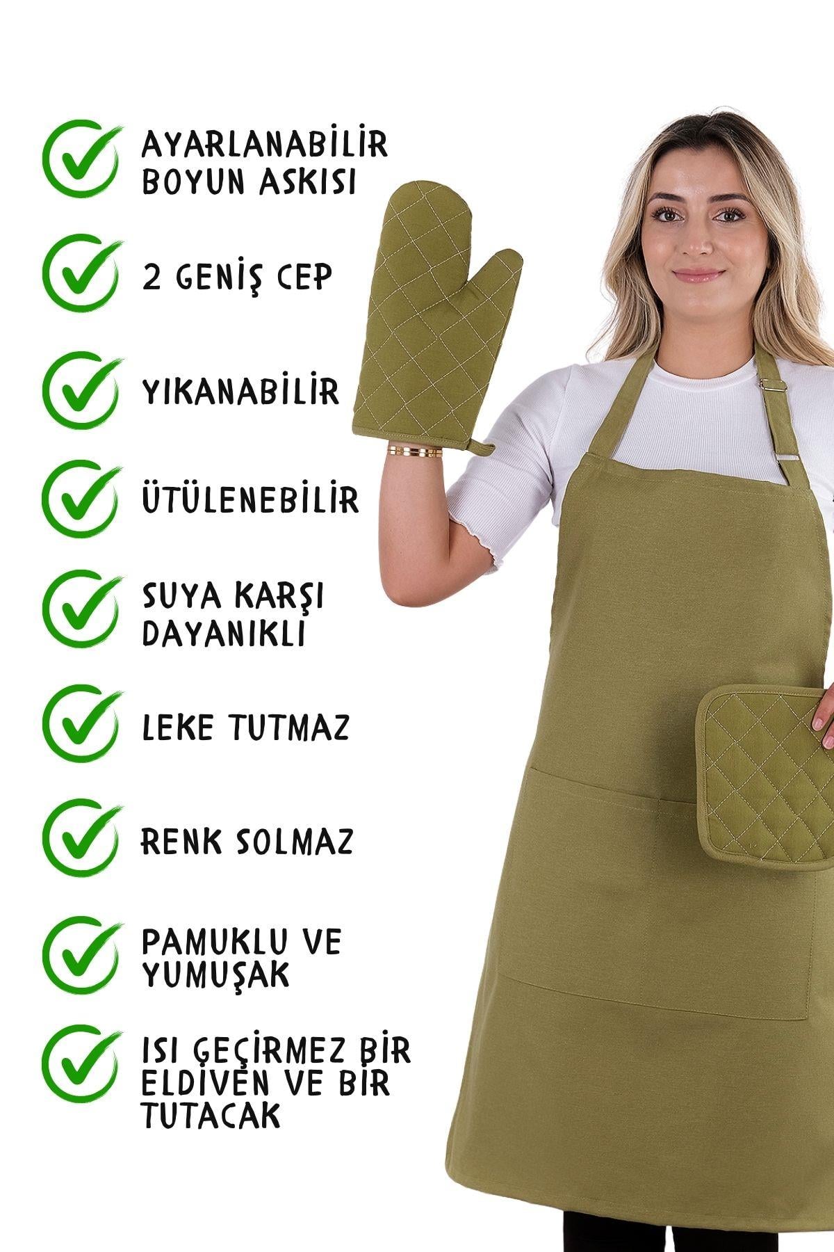 Simple 3lü Set Ayar Askılı Mutfak Önlüğü Seti (ELDİVEN, TUTACAK)