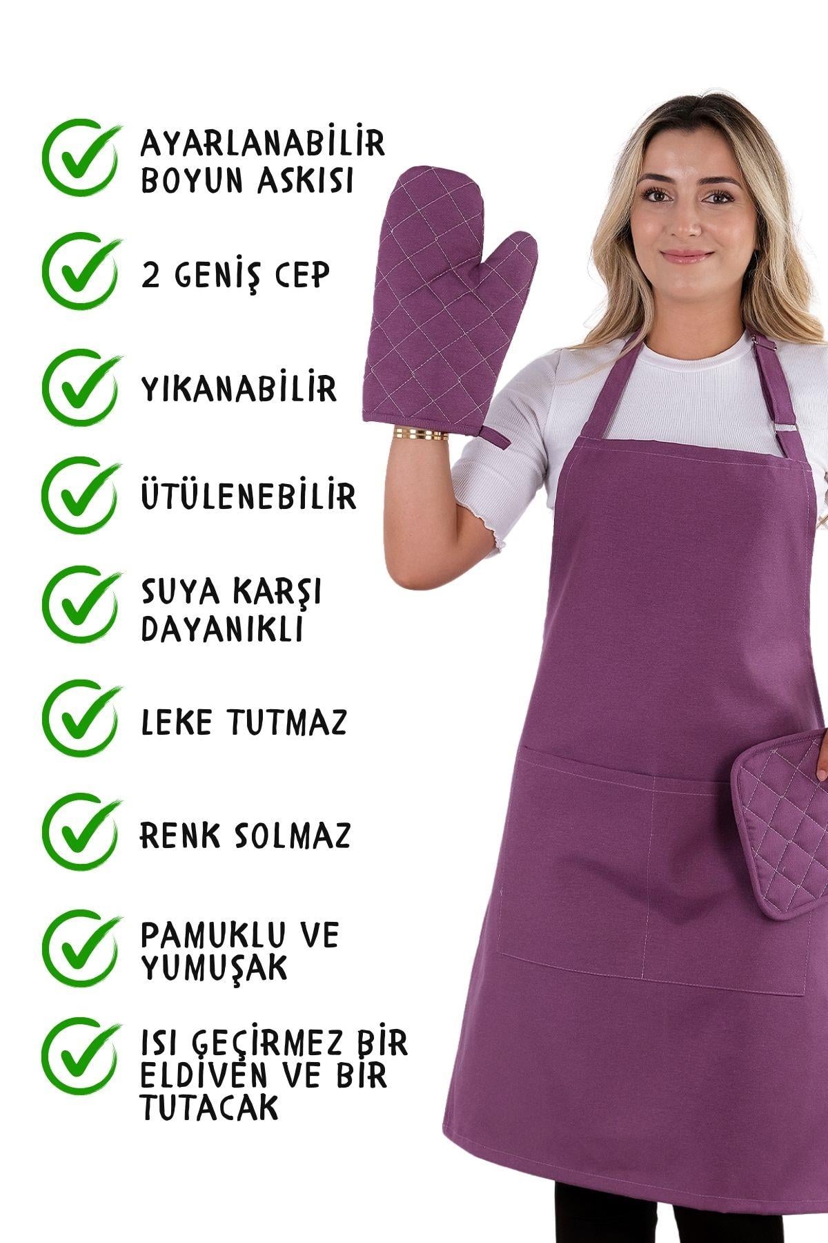 Simple 3lü Set Ayar Askılı Mutfak Önlüğü Seti (ELDİVEN, TUTACAK)