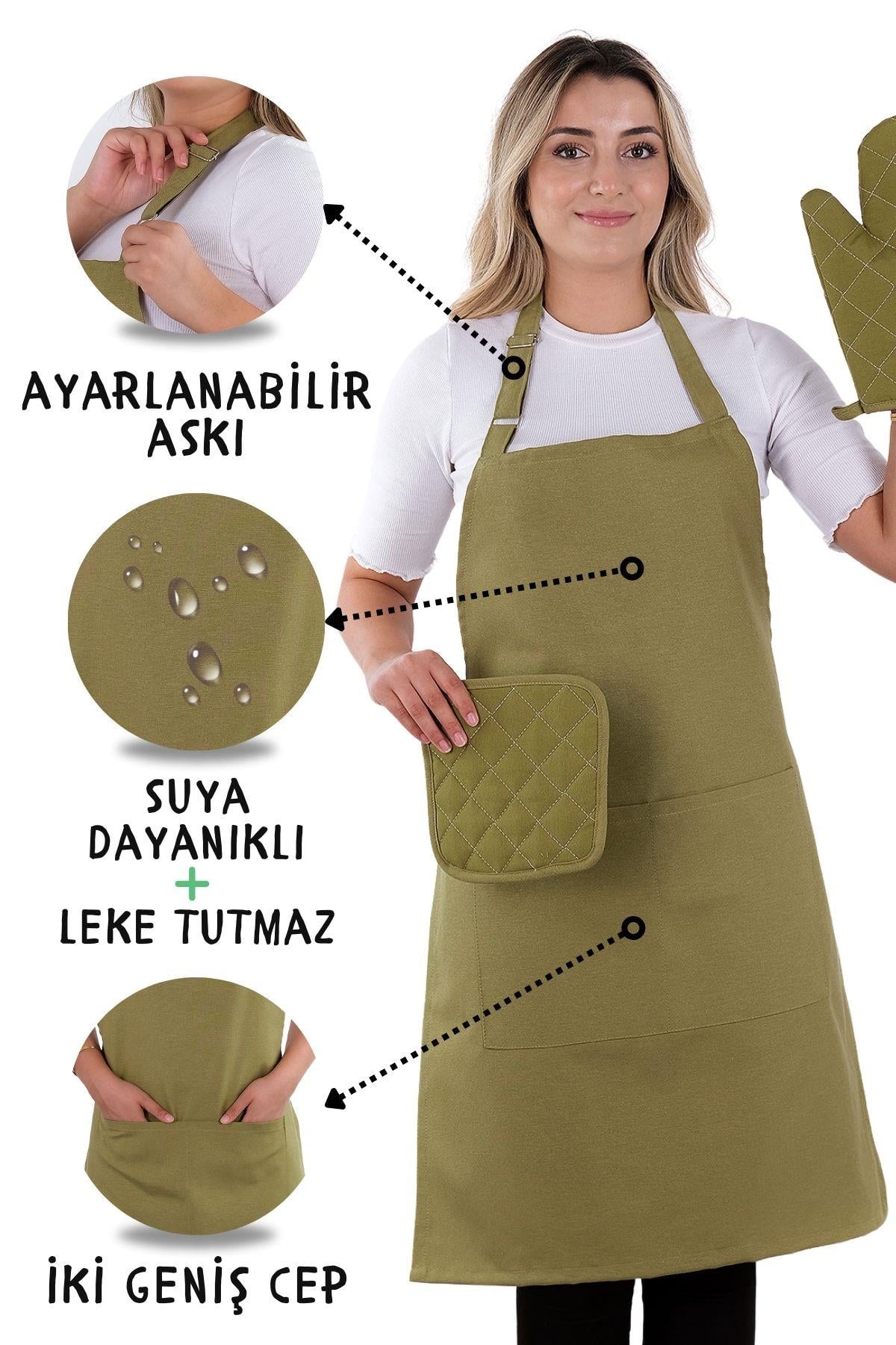 Simple 3lü Set Ayar Askılı Mutfak Önlüğü Seti (ELDİVEN, TUTACAK)