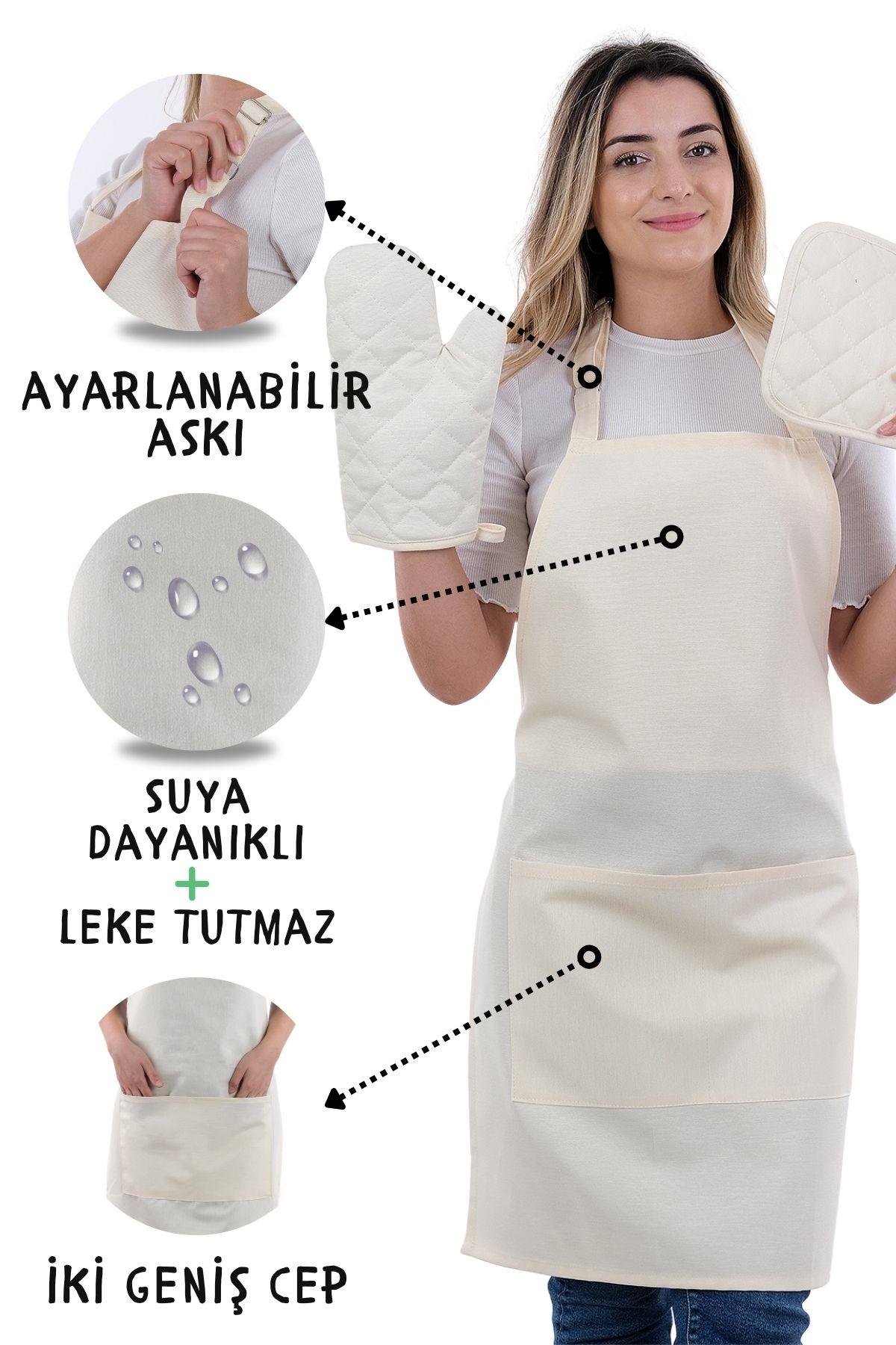 Simple 3lü Set Ayar Askılı Mutfak Önlüğü Seti (ELDİVEN, TUTACAK)