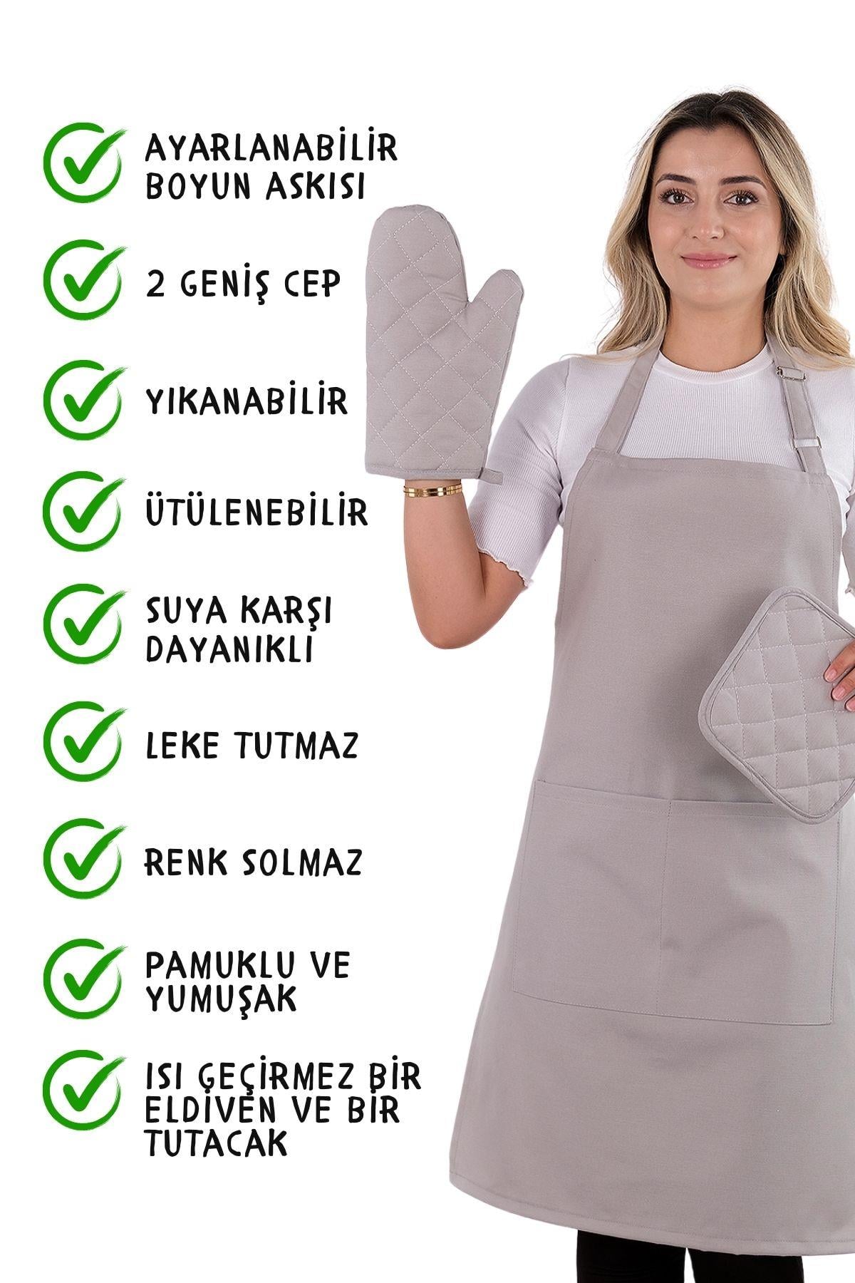 Simple 3lü Set Ayar Askılı Mutfak Önlüğü Seti (ELDİVEN, TUTACAK)