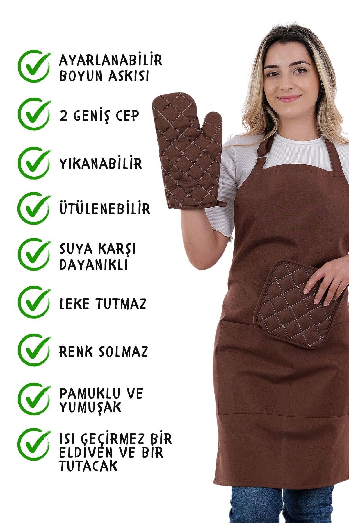Simple 3lü Set Ayar Askılı Mutfak Önlüğü Seti (ELDİVEN, TUTACAK)