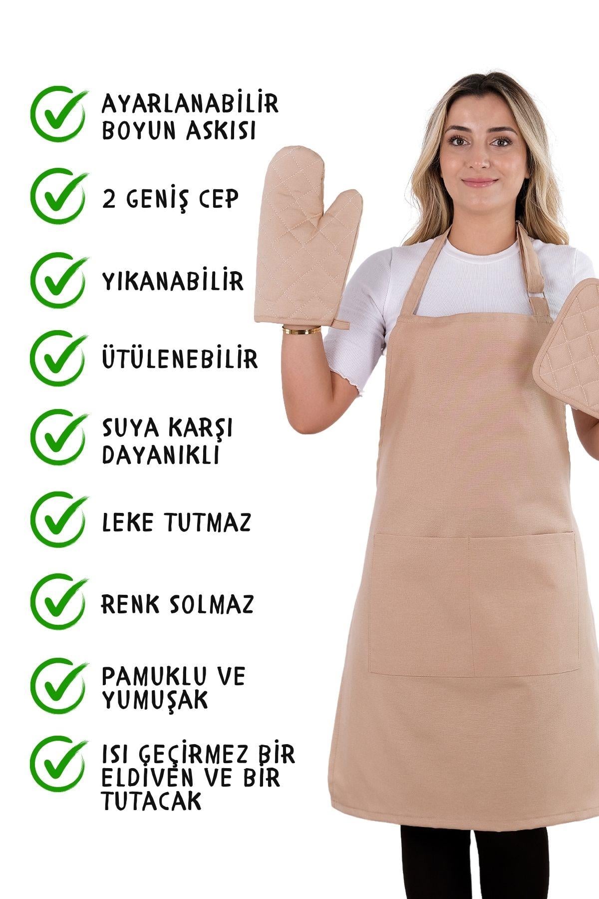 Simple 3lü Set Ayar Askılı Mutfak Önlüğü Seti (ELDİVEN, TUTACAK)