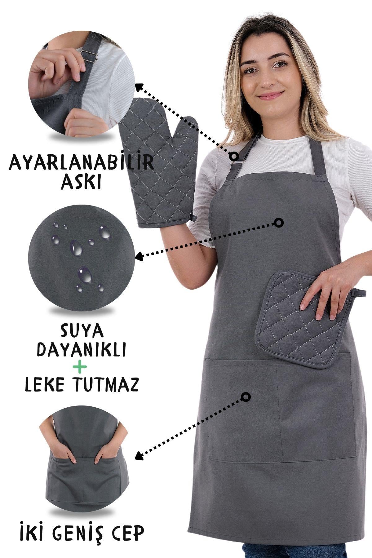 Simple 3lü Set Ayar Askılı Mutfak Önlüğü Seti (ELDİVEN, TUTACAK)