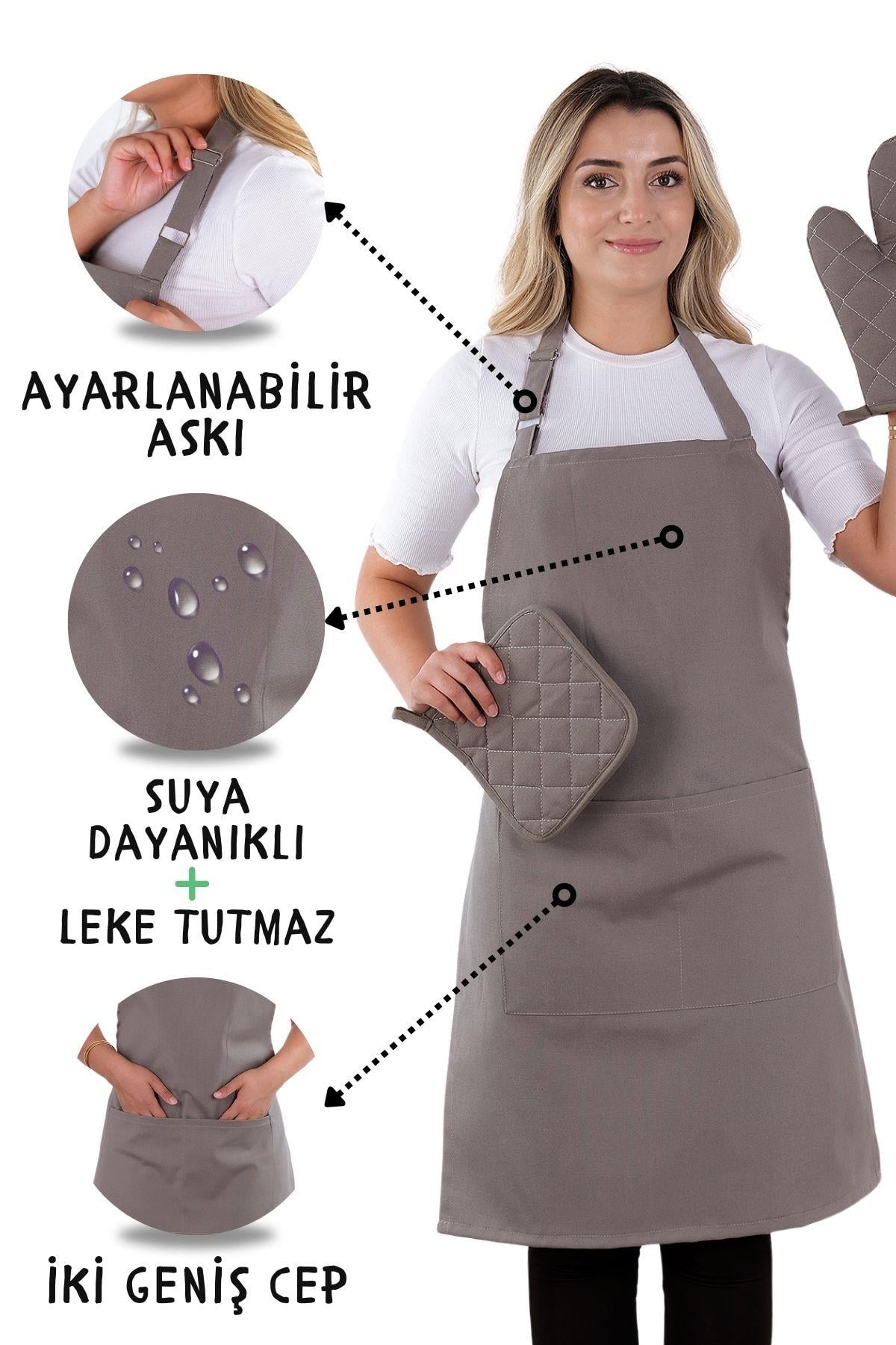 Simple 3lü Set Ayar Askılı Mutfak Önlüğü Seti (ELDİVEN, TUTACAK)