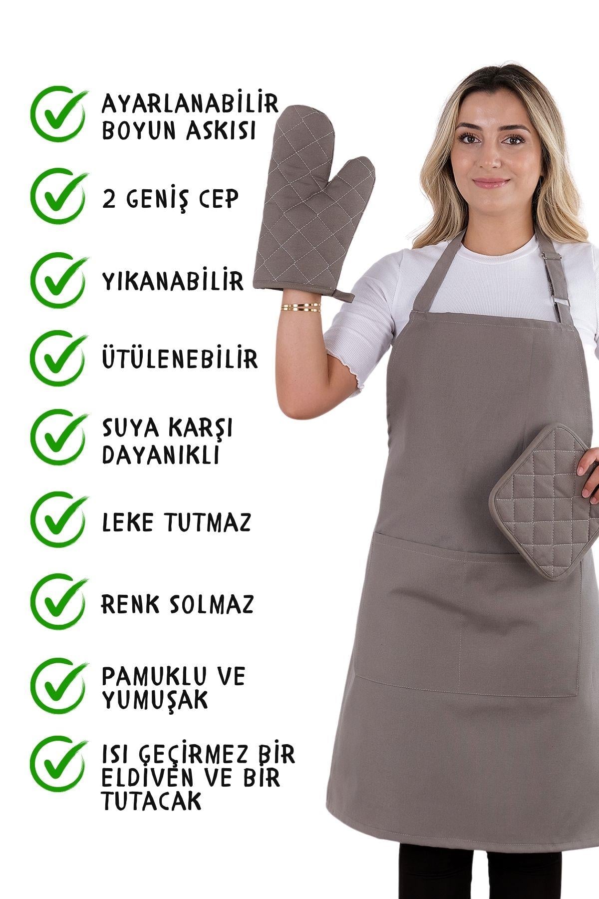 Simple 3lü Set Ayar Askılı Mutfak Önlüğü Seti (ELDİVEN, TUTACAK)