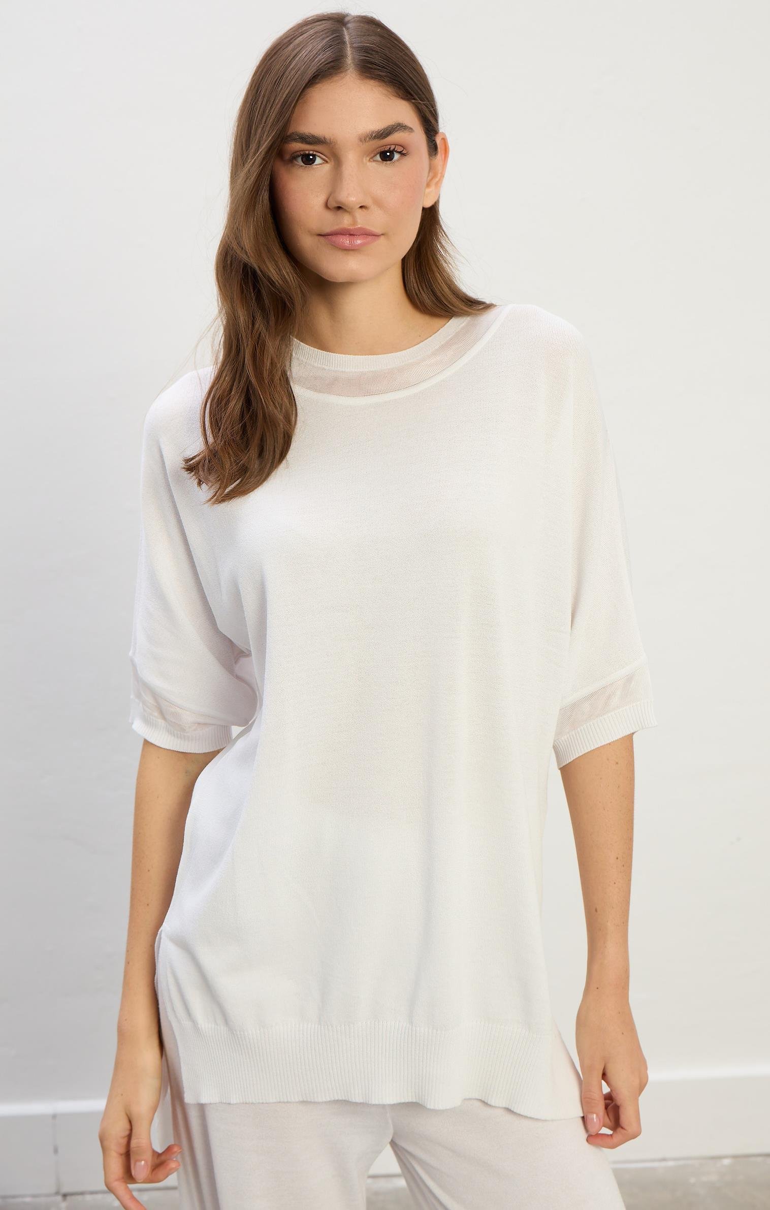 Amelia Yarım Kollu Triko Takım-Beyaz