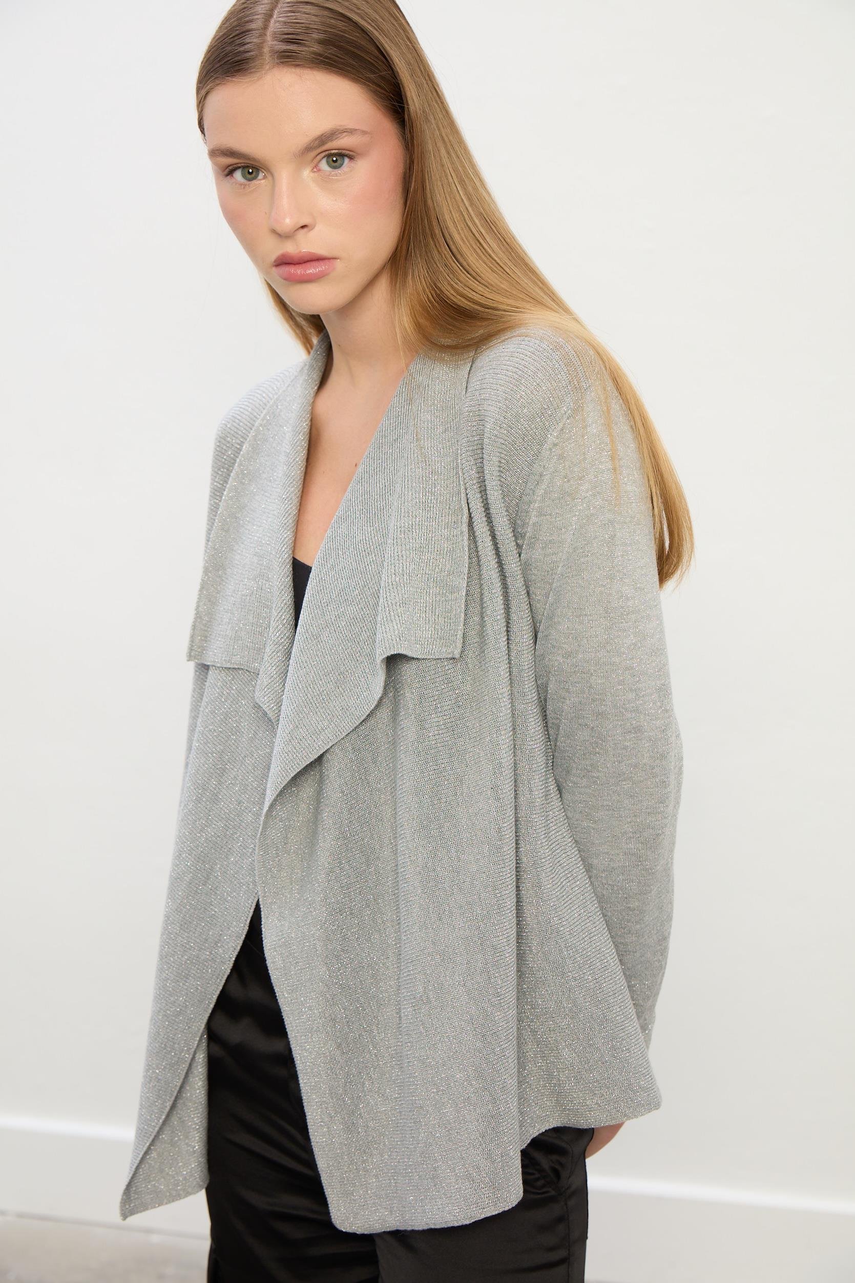 Ella Dökümlü Triko Hırka-Gri