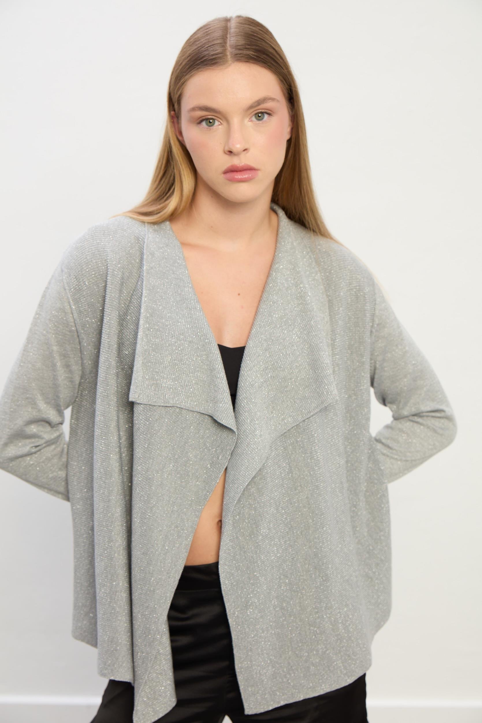 Ella Dökümlü Triko Hırka-Gri