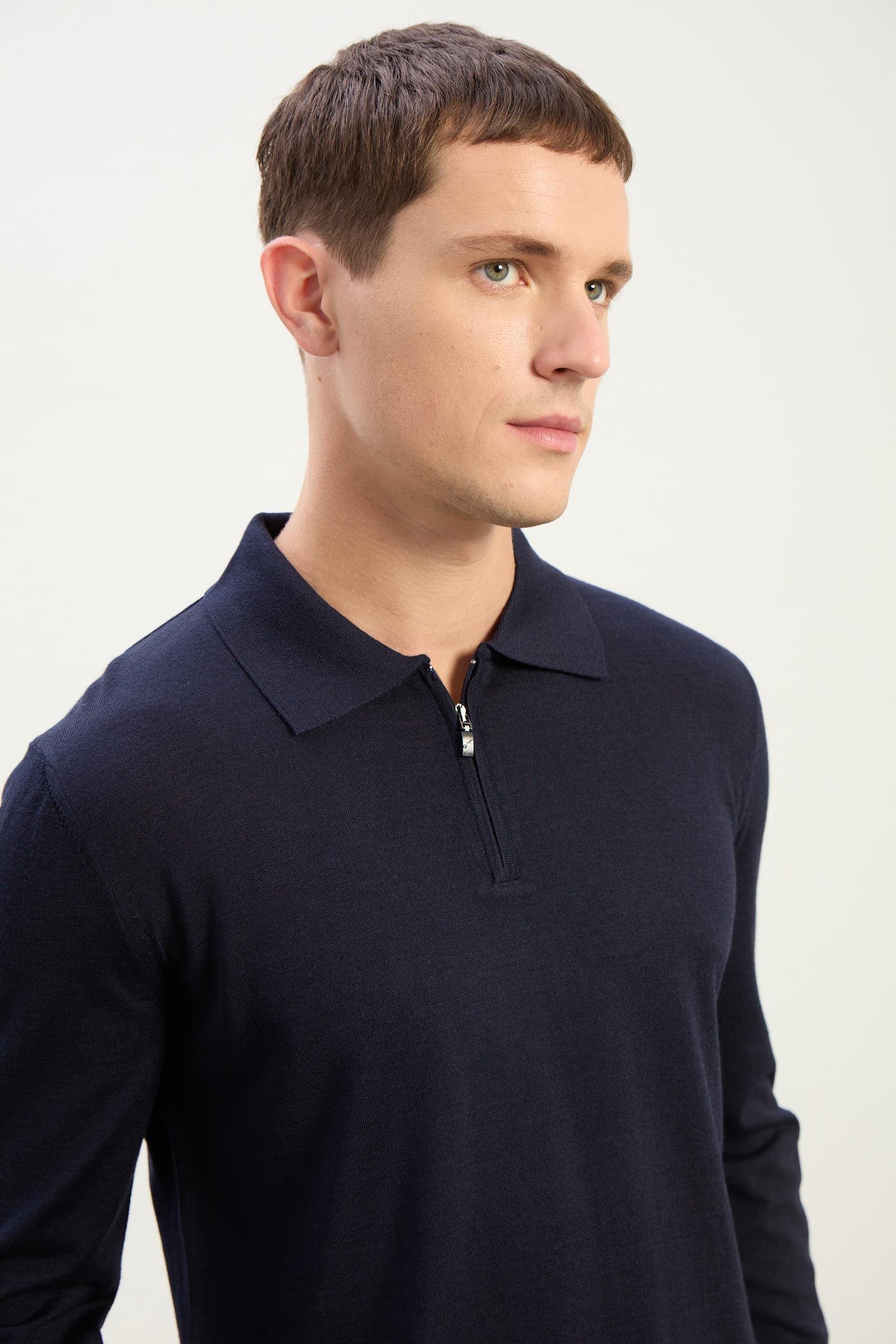 Logan Erkek Fermuarlı Polo Yaka Triko Kazak-Indigo