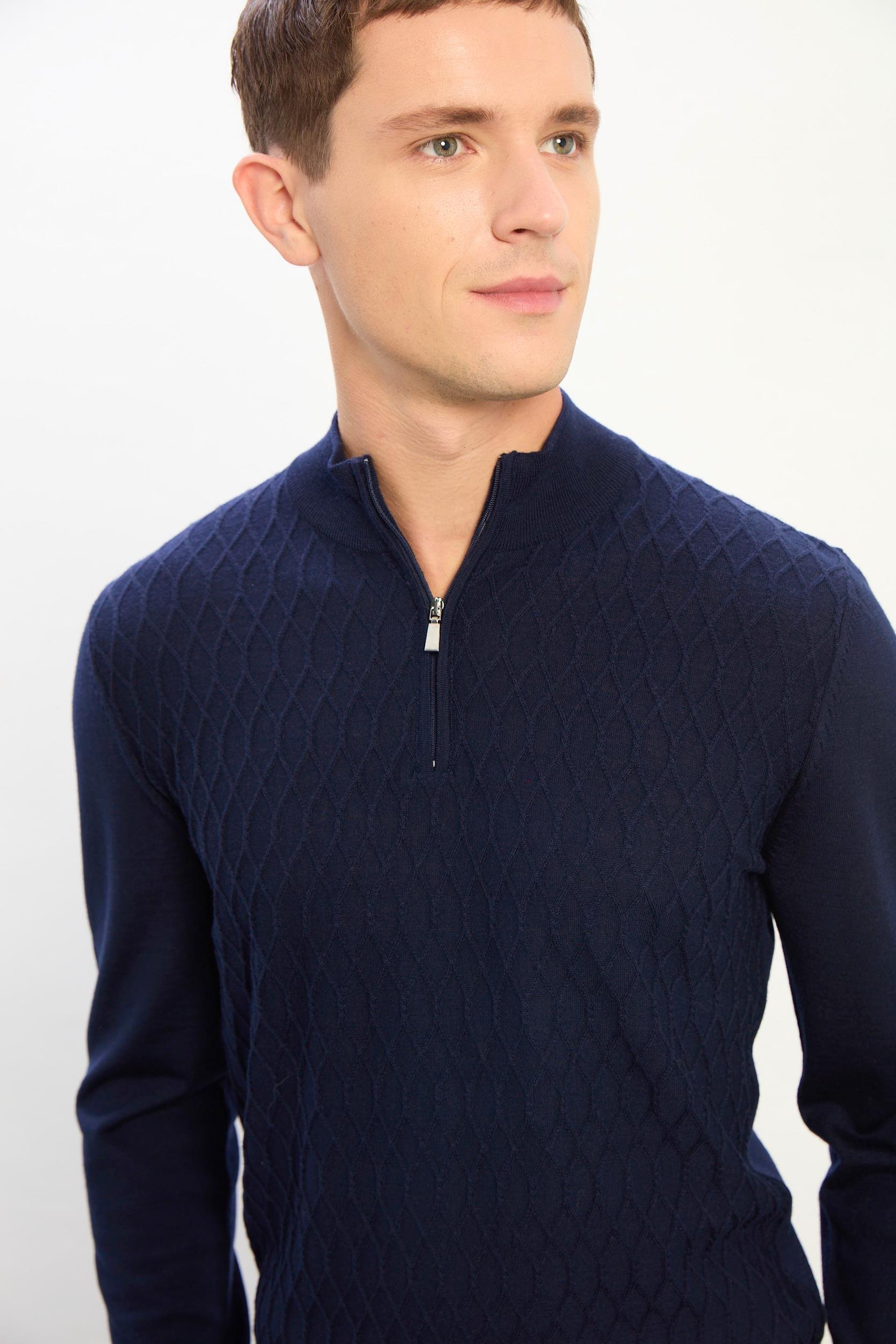 Ryan Fermuarlı Desenli Triko Kazak-Lacivert