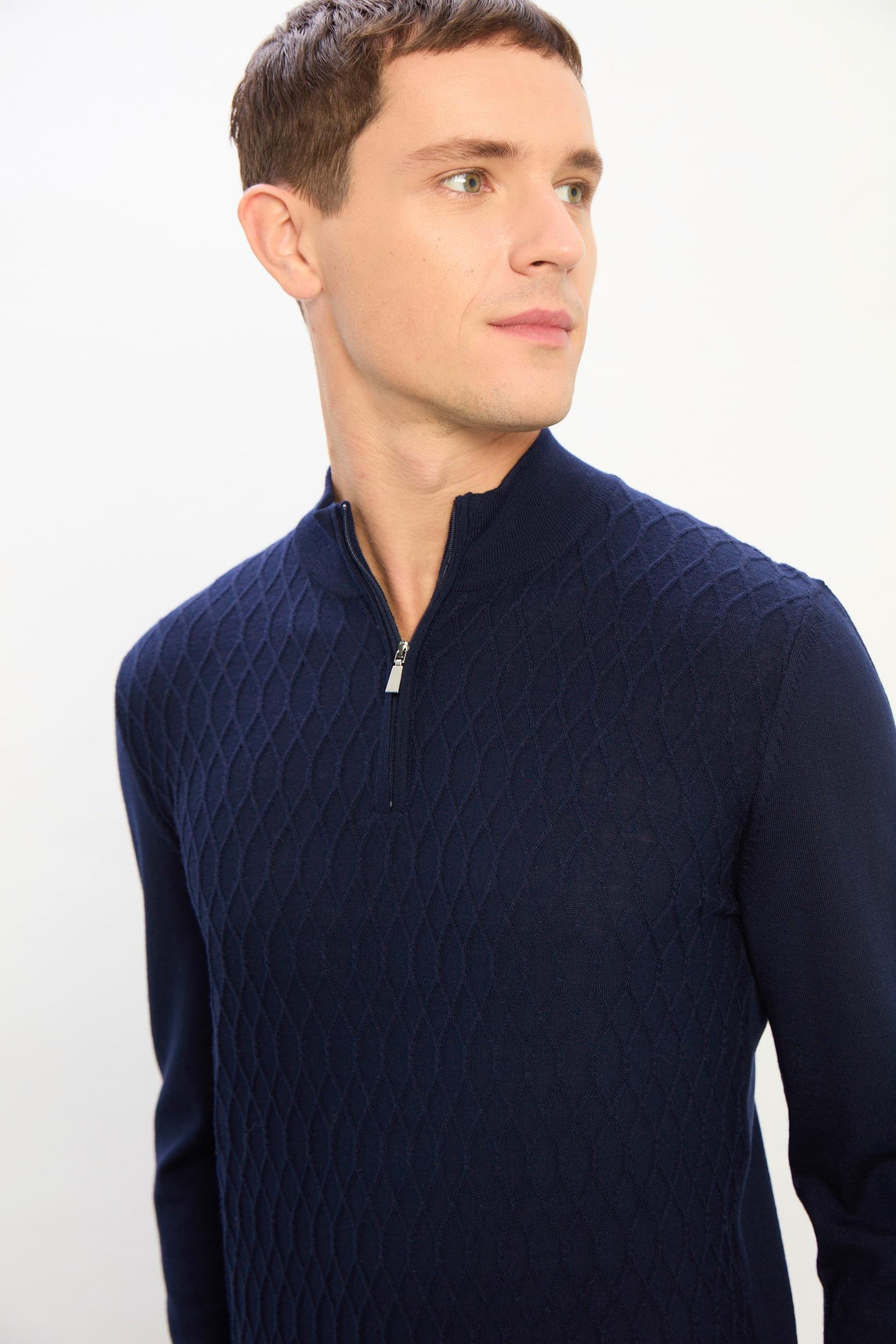 Ryan Fermuarlı Desenli Triko Kazak-Lacivert