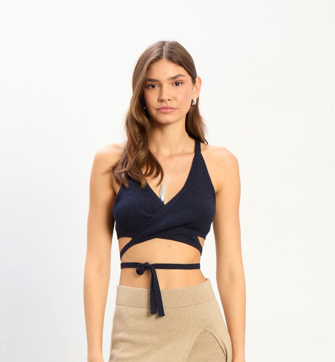 Serena Kadın Bağlama Detaylı Kısa Triko Crop Top-Lacivert