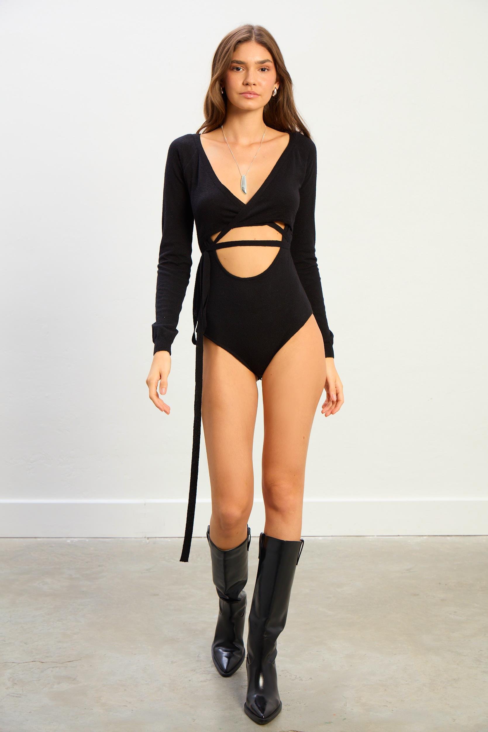 Sienna Kadın Bağlama Detaylı Uzun Kollu Bodysuit-Siyah