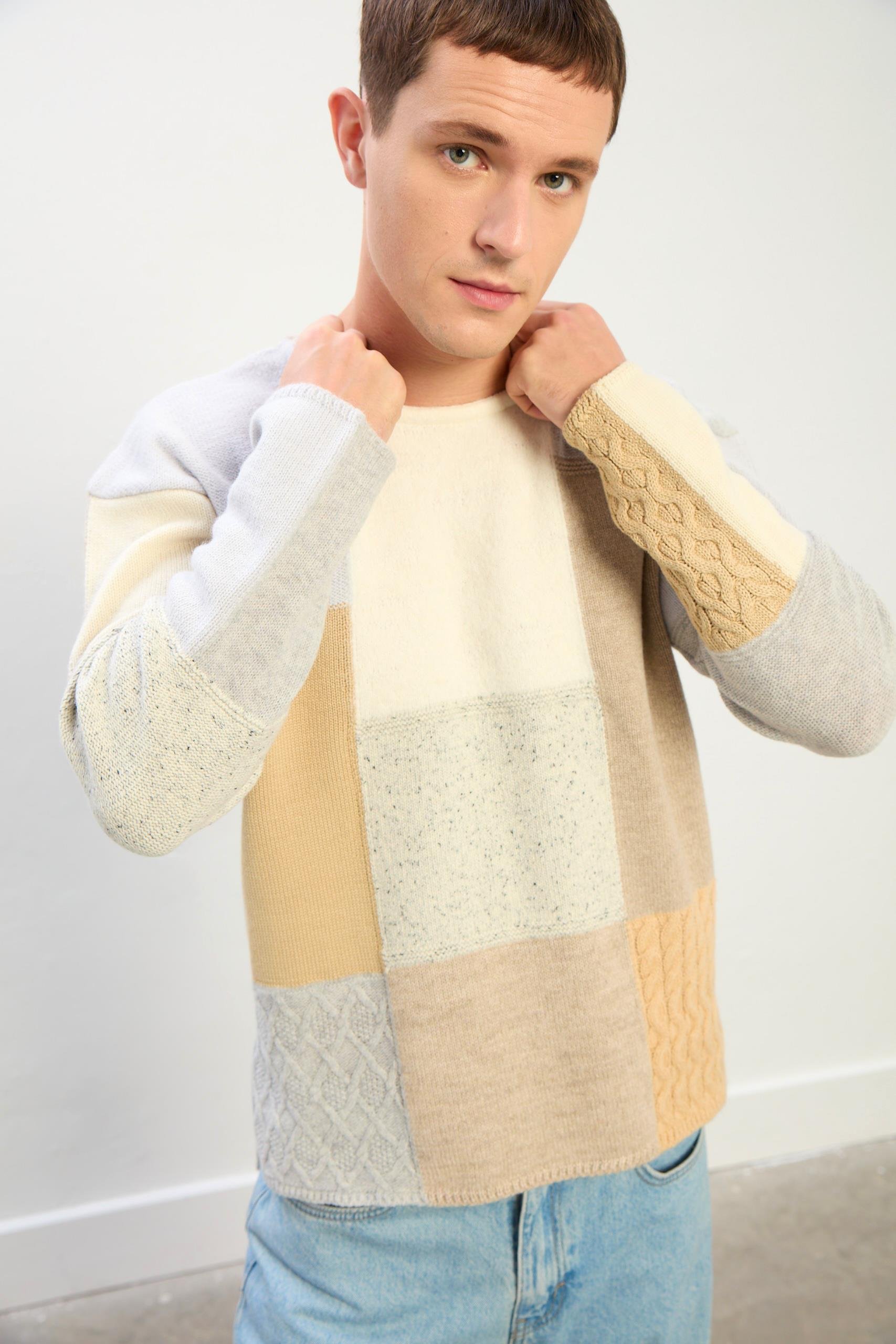 Zane Oversize Kayık Yaka Patchwork Uzun Kol Kazak-