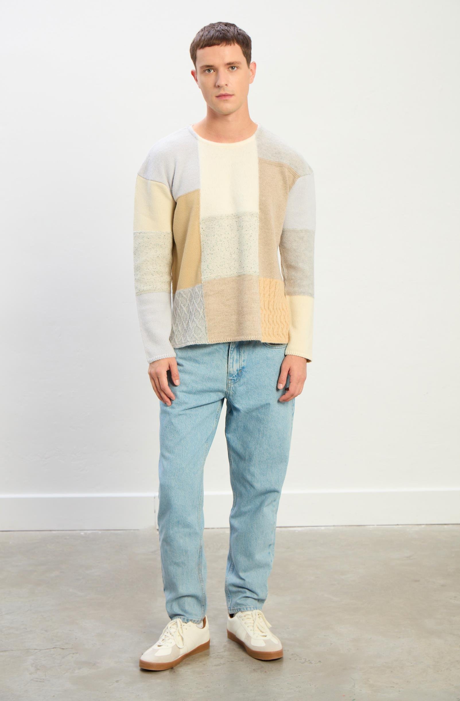 Zane Oversize Kayık Yaka Patchwork Uzun Kol Kazak-