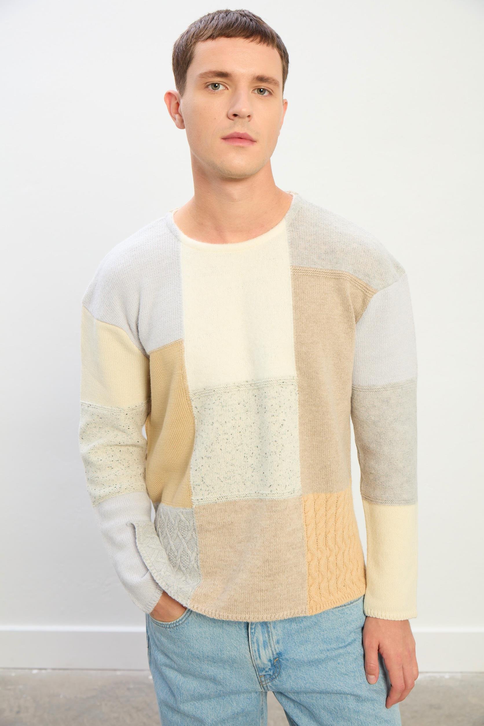 Zane Oversize Kayık Yaka Patchwork Uzun Kol Kazak-