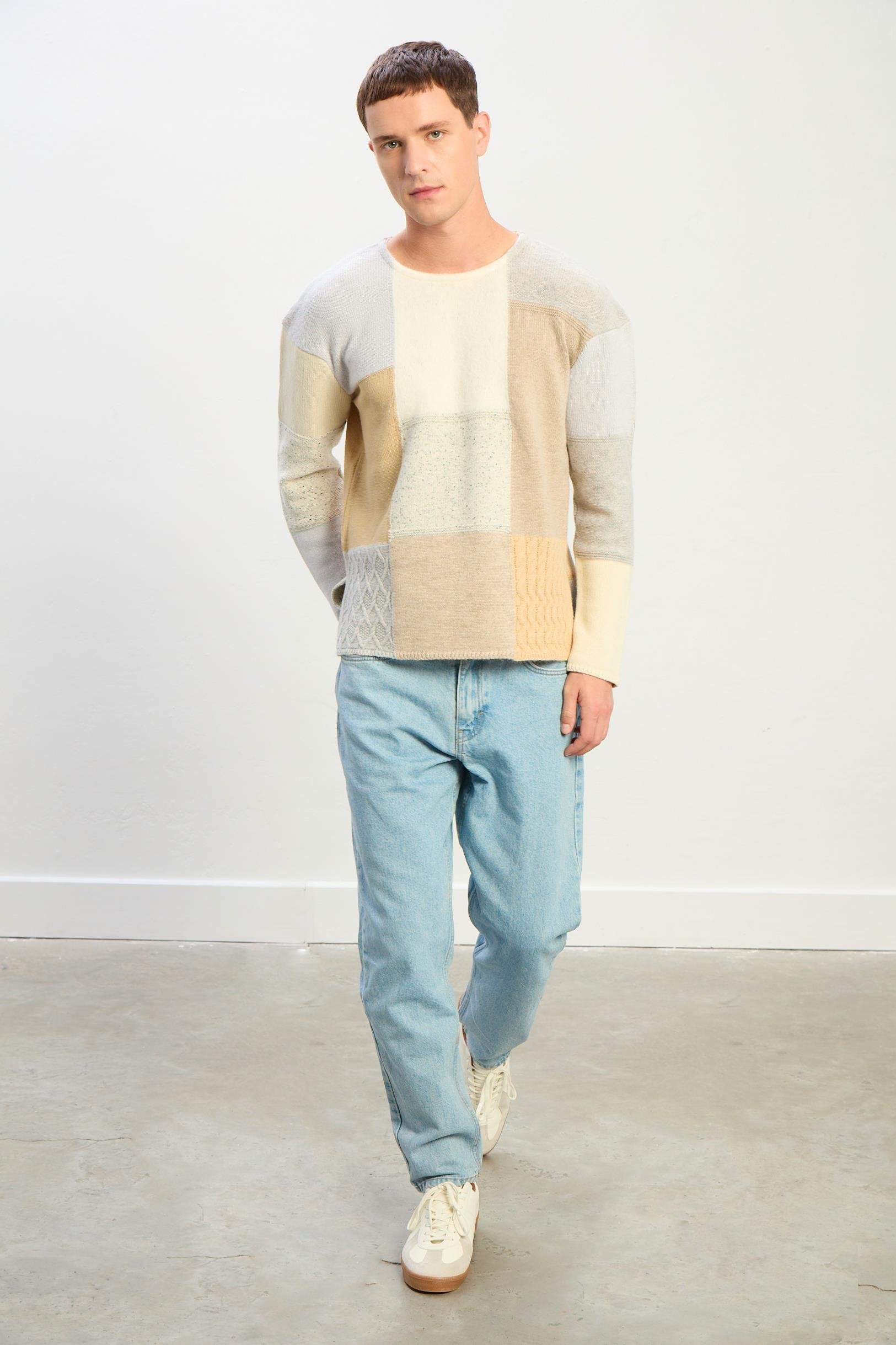 Zane Oversize Kayık Yaka Patchwork Uzun Kol Kazak-